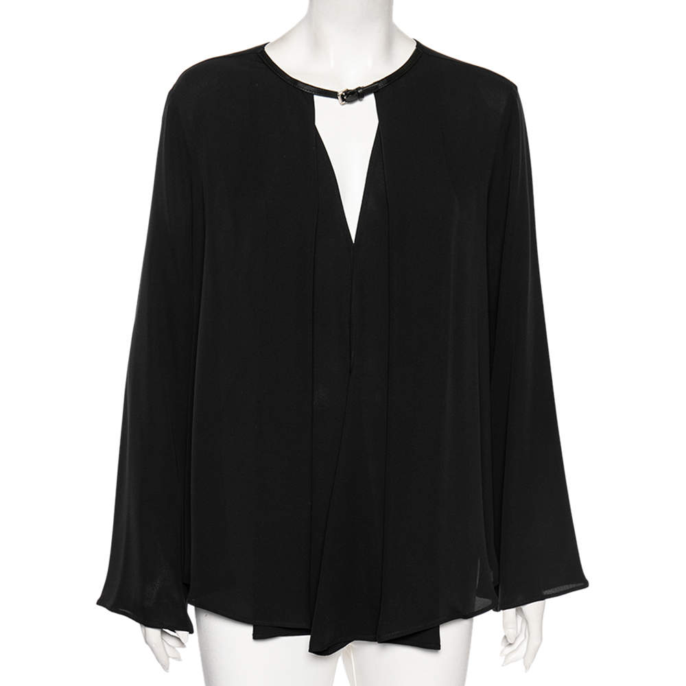 Pre Owned Giorgio Armani Black Georgette Pleated Buckle Neck Detailed Oversized Blouse L