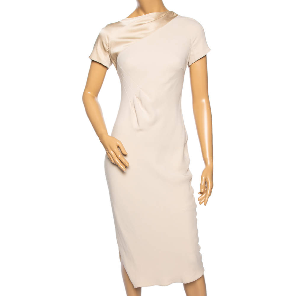Pre Owned Giorgio Armani Cream Silk Contrast Asymmetric Yolk Paneled Midi Dress S