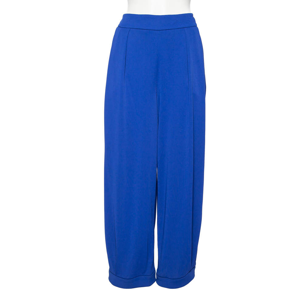 Pre Owned Giorgio Armani Blue Crepe Buttoned Hem Detailed Pants M