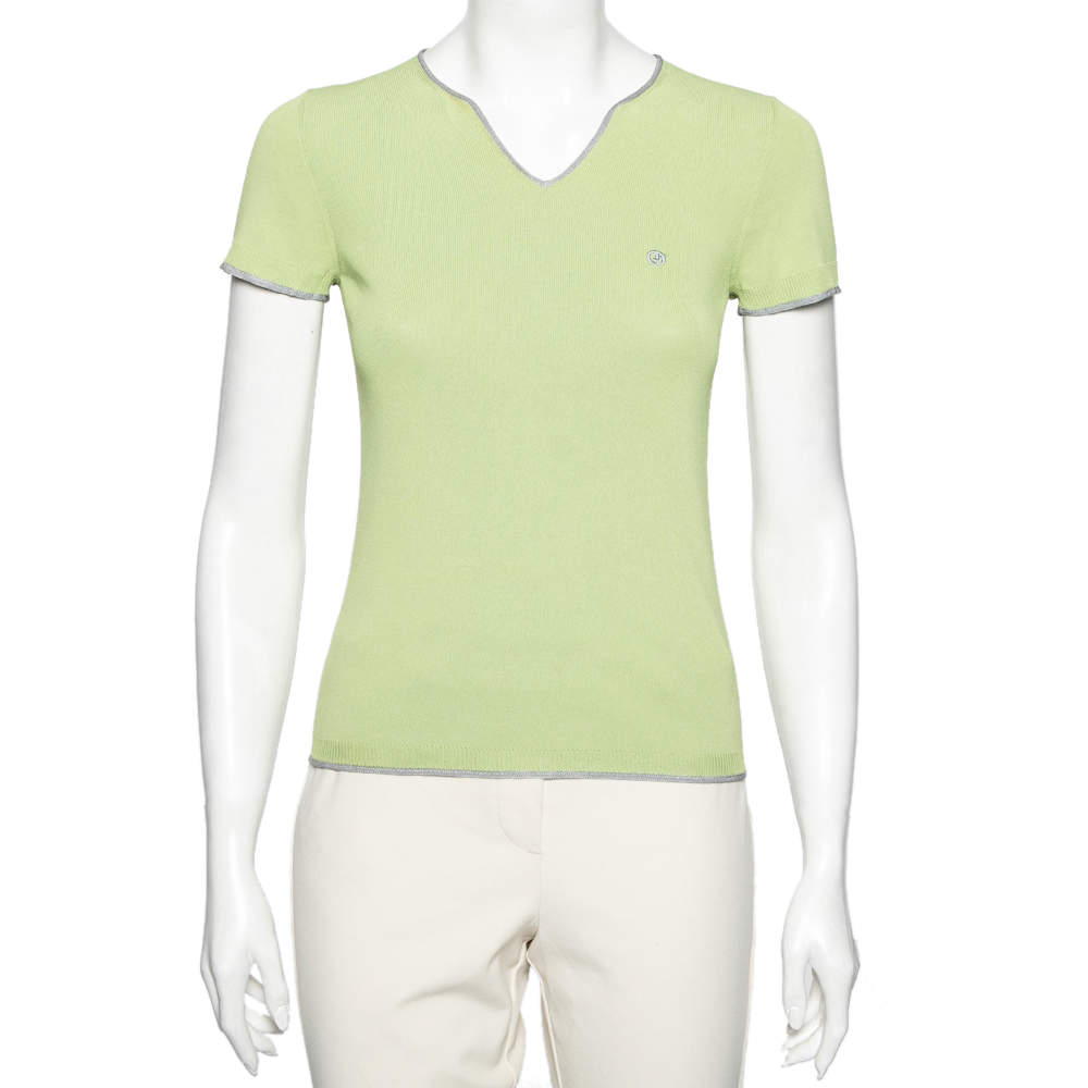 Pre Owned Giorgio Armani Green Knitted V-Neck Short Sleeve T-Shirt S