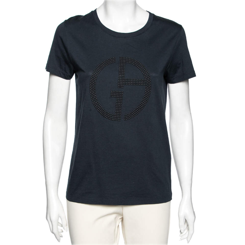 Pre Owned Giorgio Armani Navy Blue Logo Embellished Cotton T-Shirt M