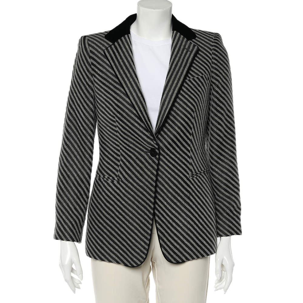 Pre Owned Giorgio Armani Monochrome Striped Wool Button Front Blazer M