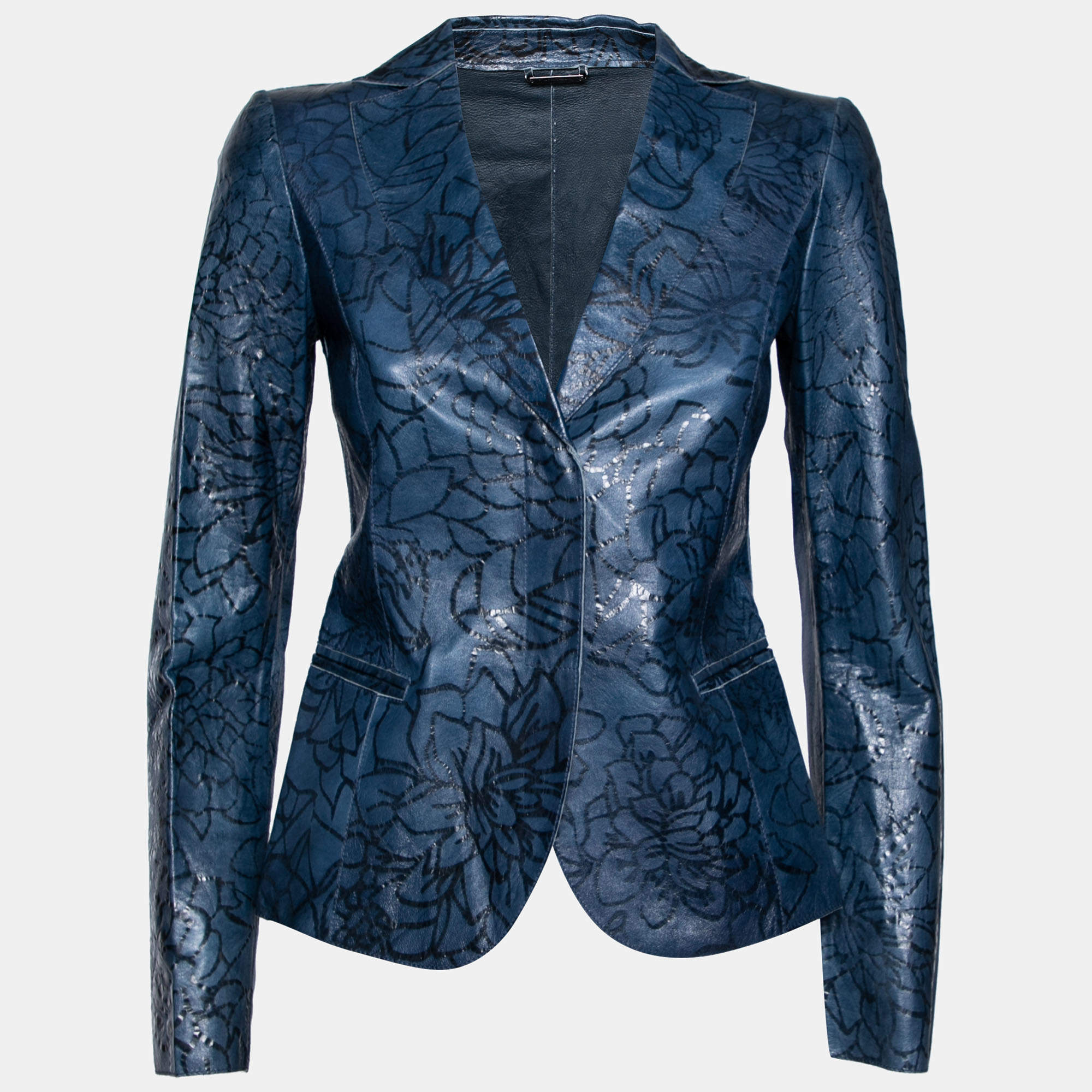 Pre Owned Giorgio Armani Navy Blue Floral Patterned Leather Single Breasted Blazer S