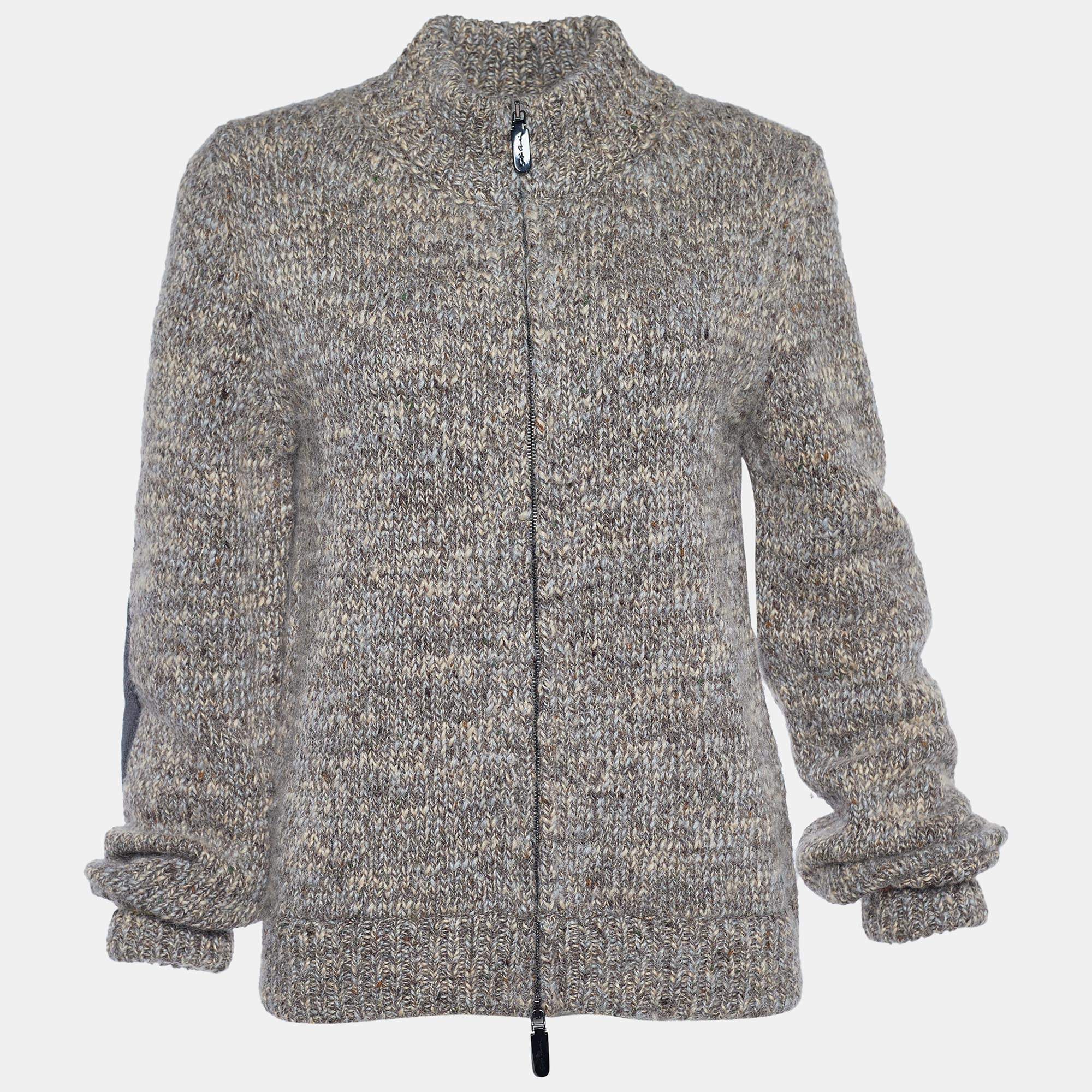 Pre Owned Giorgio Armani Beige Chunky Rib Alpaca Blend Zip Front Jacket M