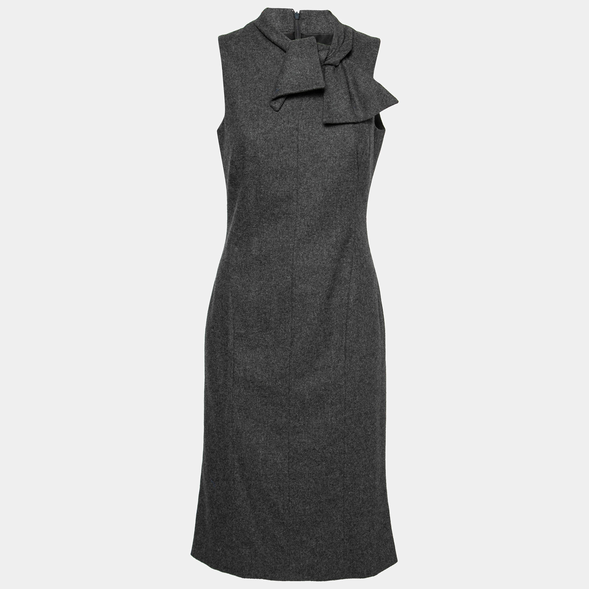 Pre Owned Giorgio Armani Charcoal Grey Wool Knot Detail Midi Dress M
