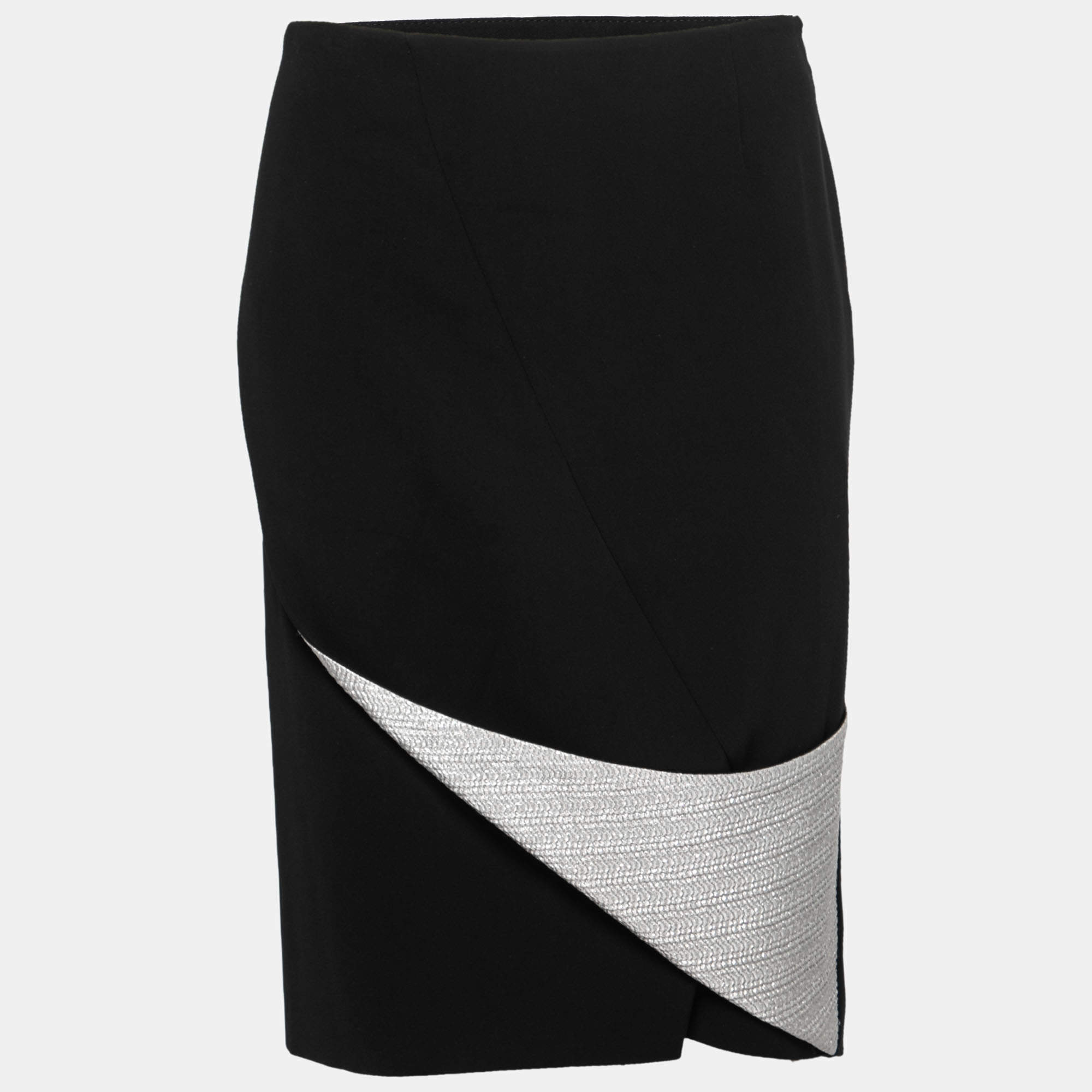 Pre Owned Giorgio Armani Vintage Black Crepe Draped Metallic Panel Pencil Skirt S