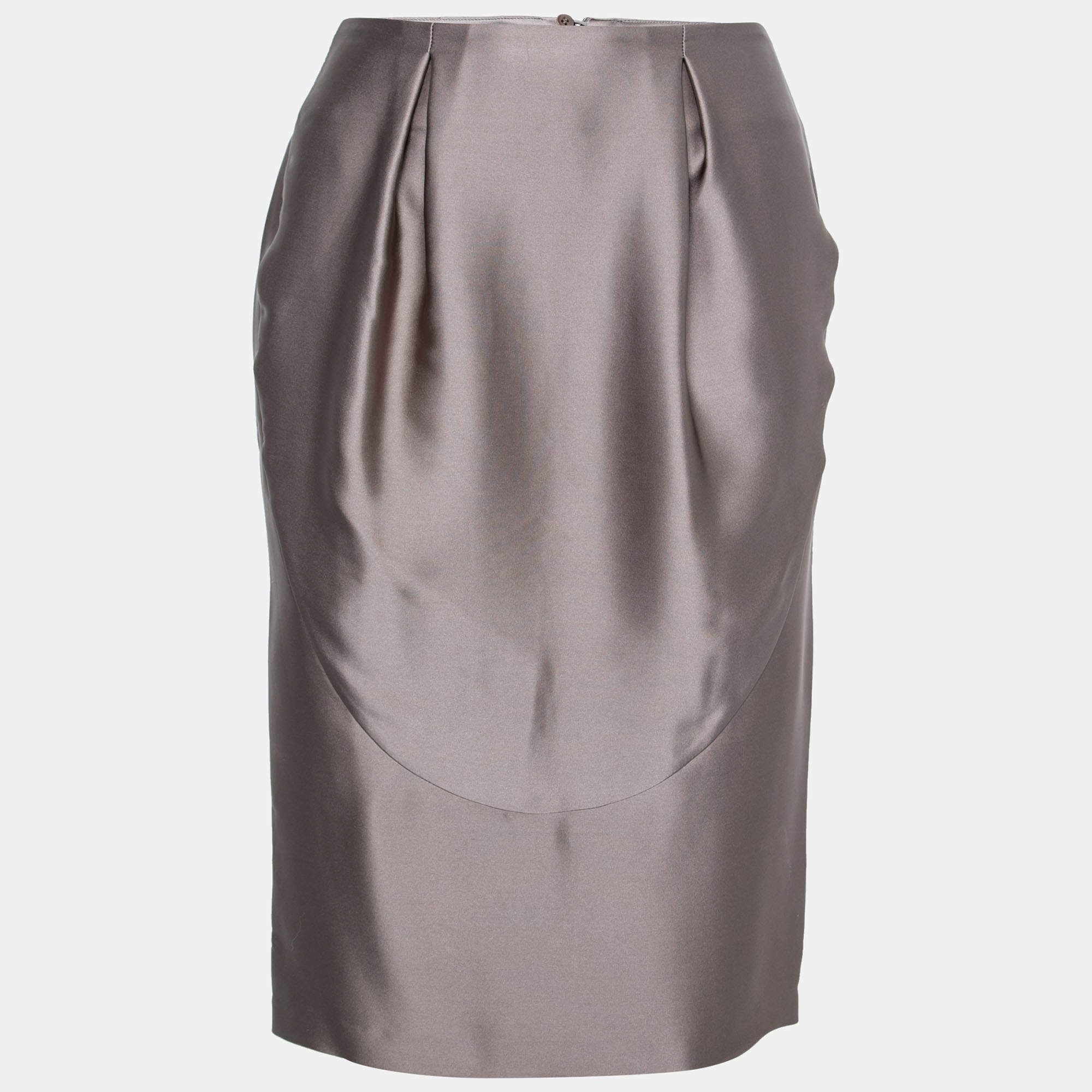 Pre Owned Giorgio Armani Grey Silk Satin Pleat Detail Skirt S