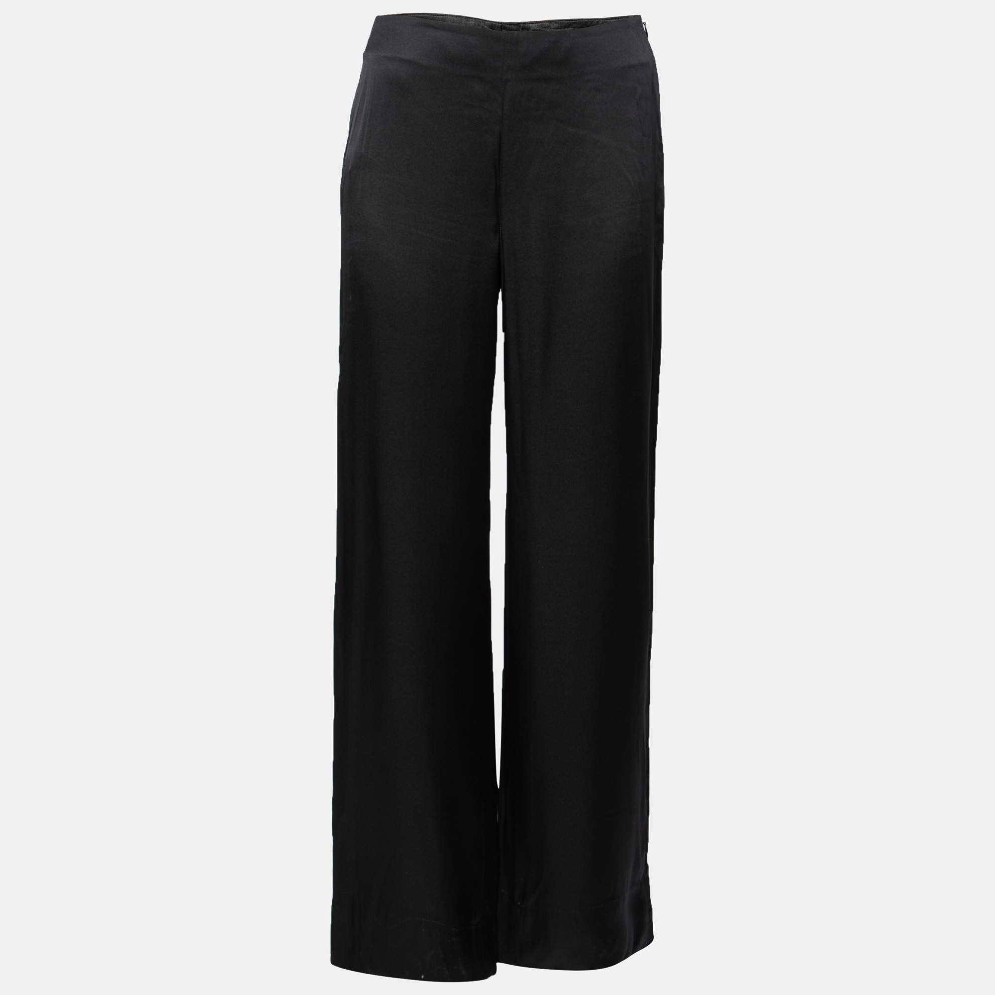 Pre Owned Giorgio Armani Black Silk Wide-Leg Pants M