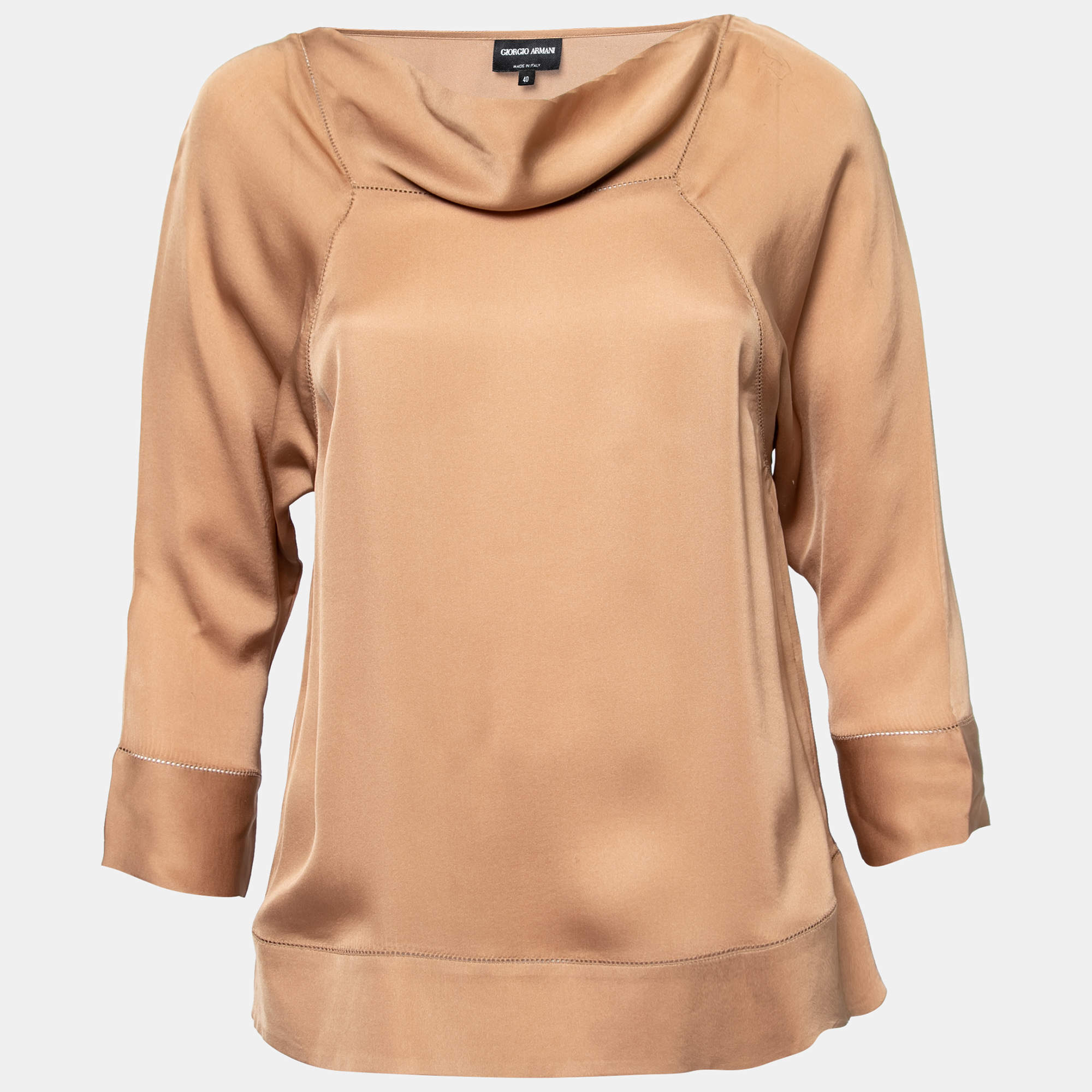 Pre Owned Giorgio Armani Beige Silk Draped Neck Long Sleeve Blouse S