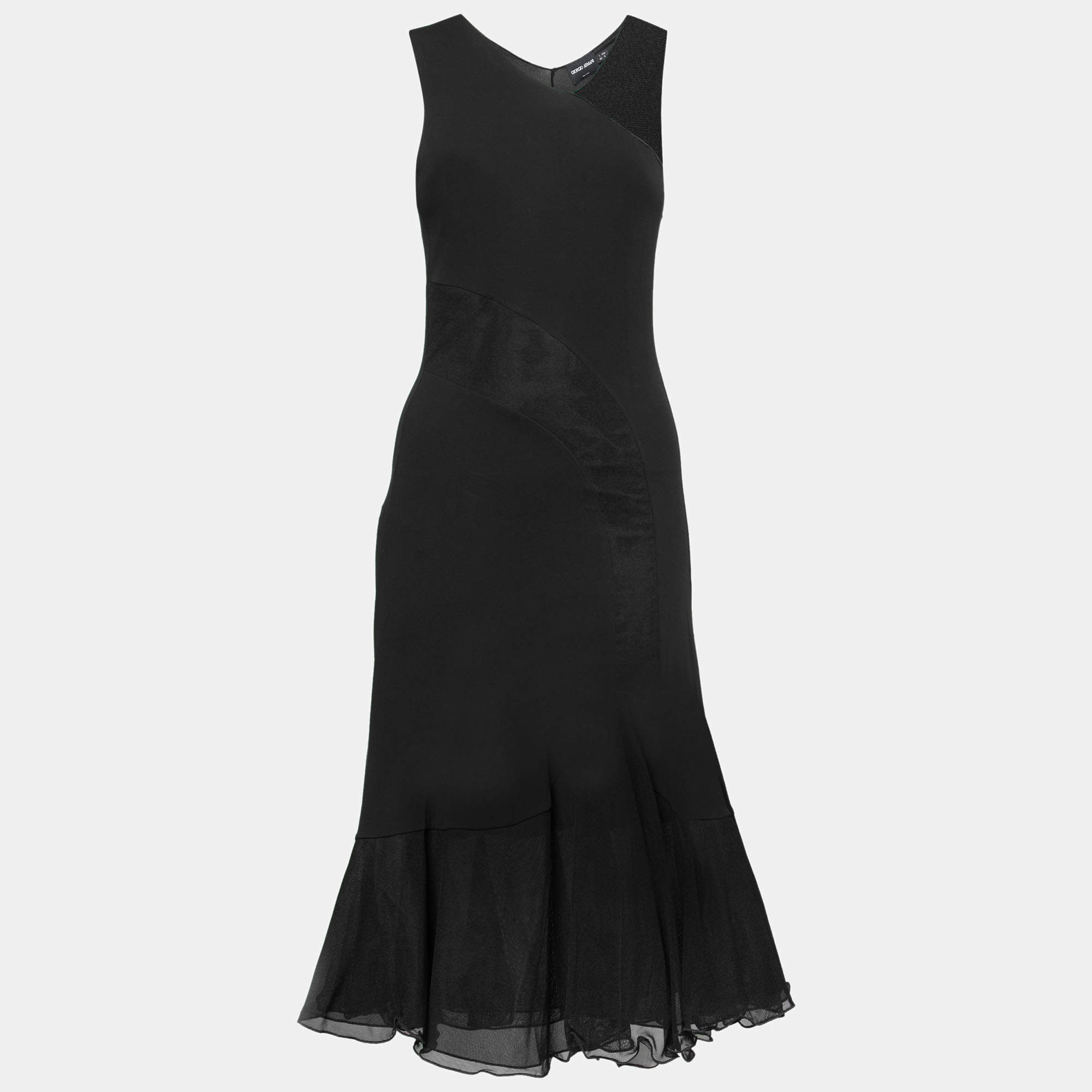 Pre Owned Giorgio Armani Black Stretch Crepe & Tulle Sleeveless Dress S