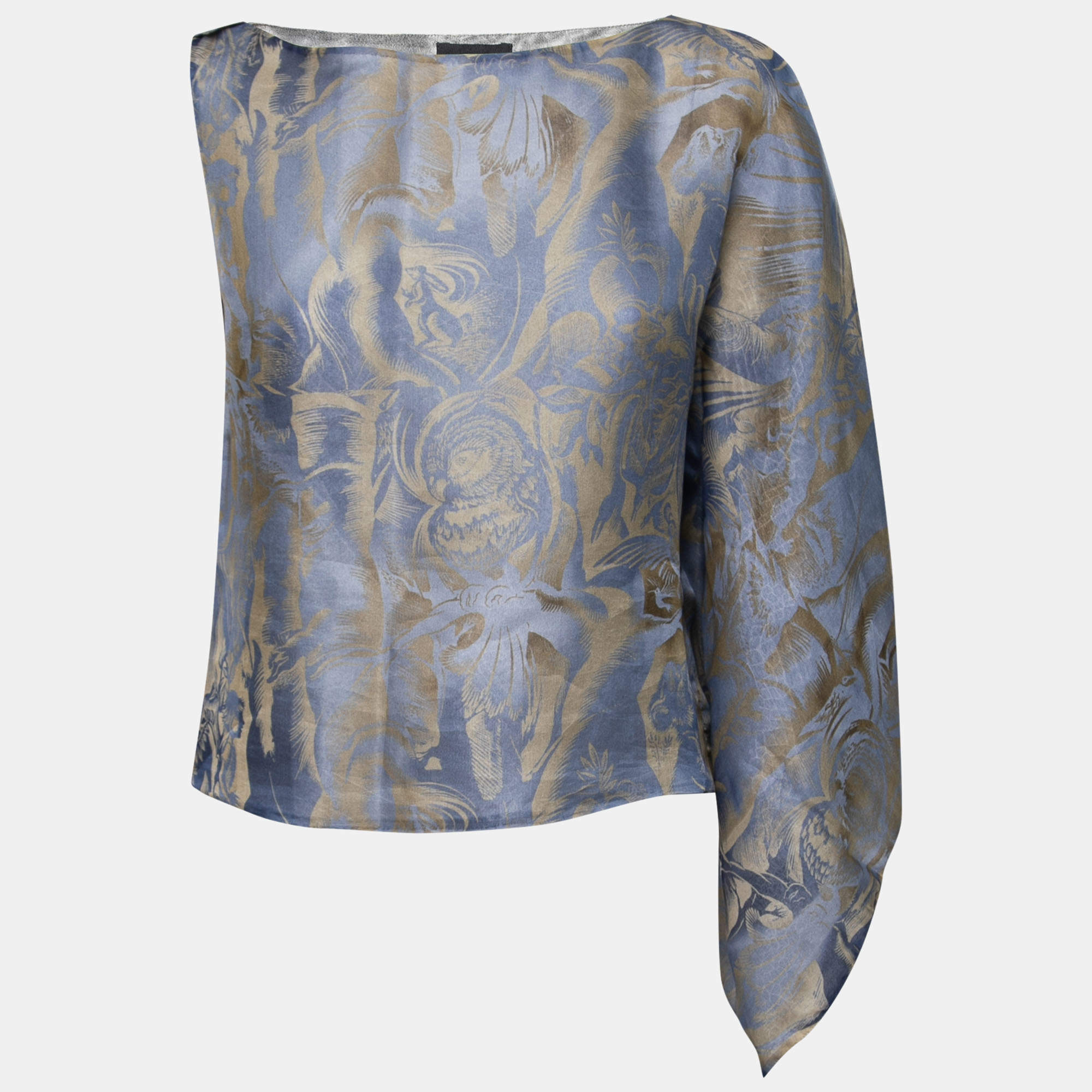 Pre Owned Giorgio Armani Blue Printed Silk Organza Asymmetric Sleeve Detailed Top M