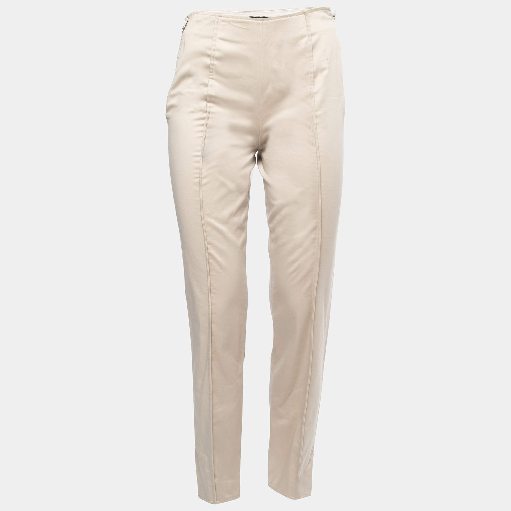 Pre Owned Giorgio Armani Beige Cotton Zip Detail Tapered Trousers S