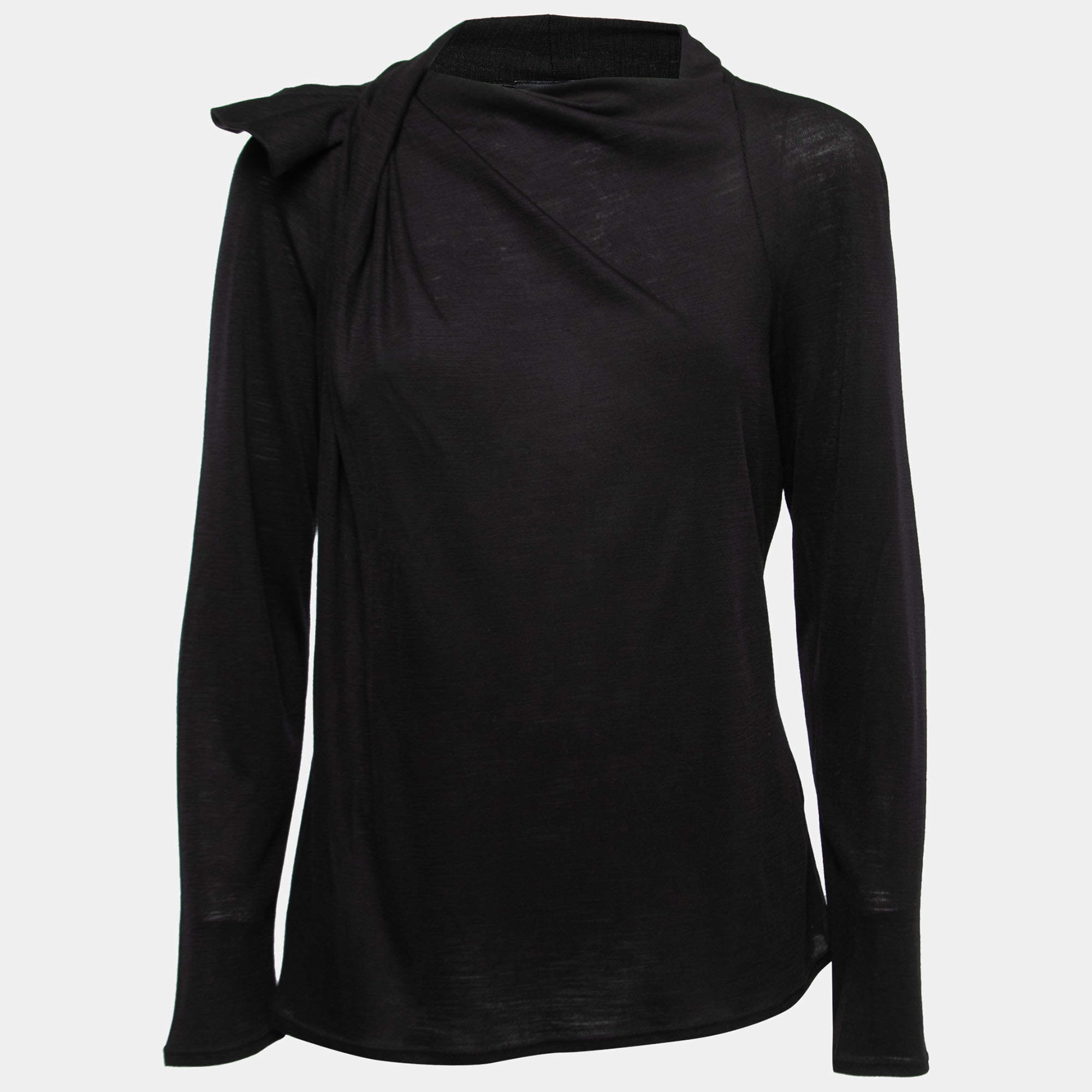Pre Owned Giorgio Armani Black Wool Draped Neck Detail Top L