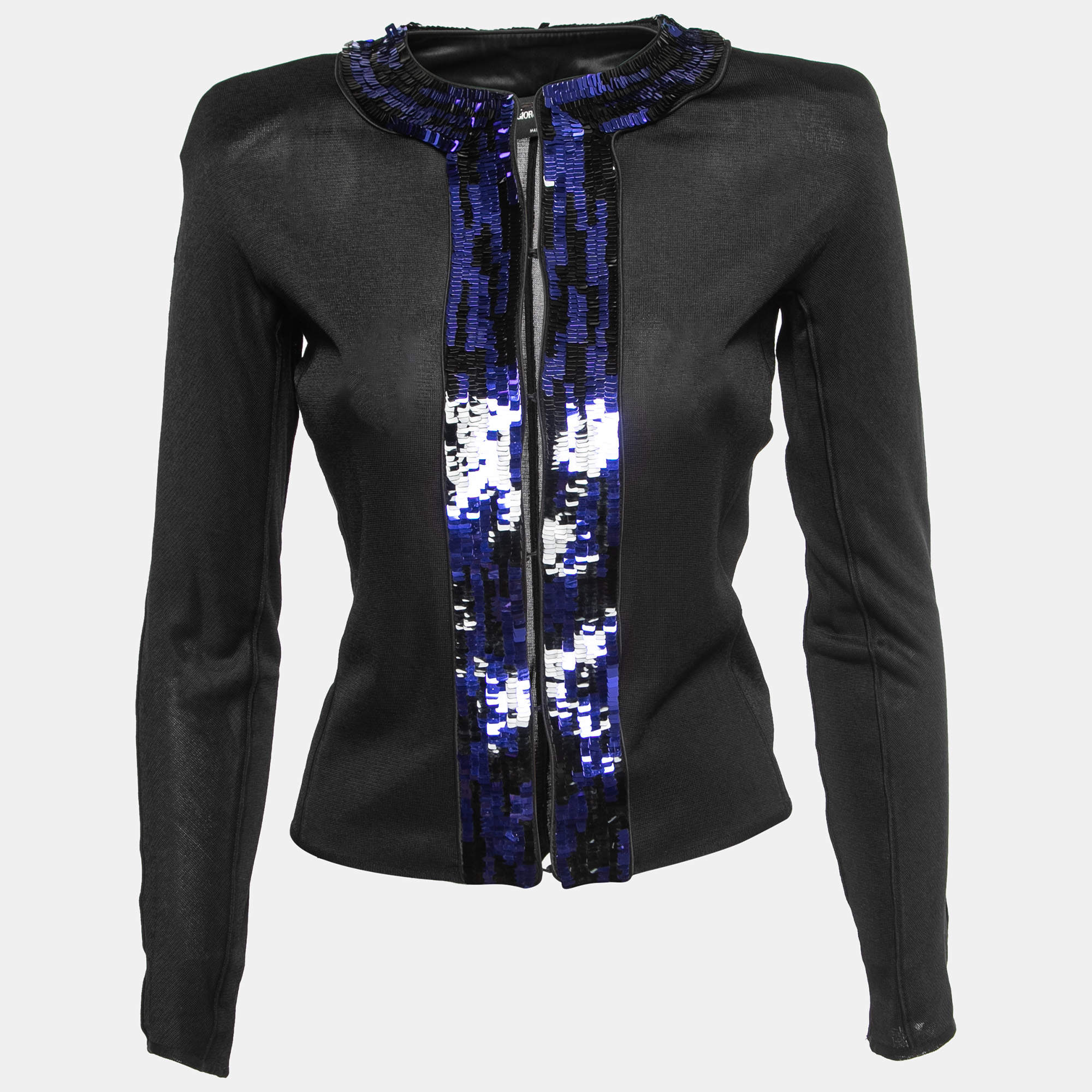 Pre Owned Giorgio Armani Black Stretch Knit Sequin Trim Cardigan S