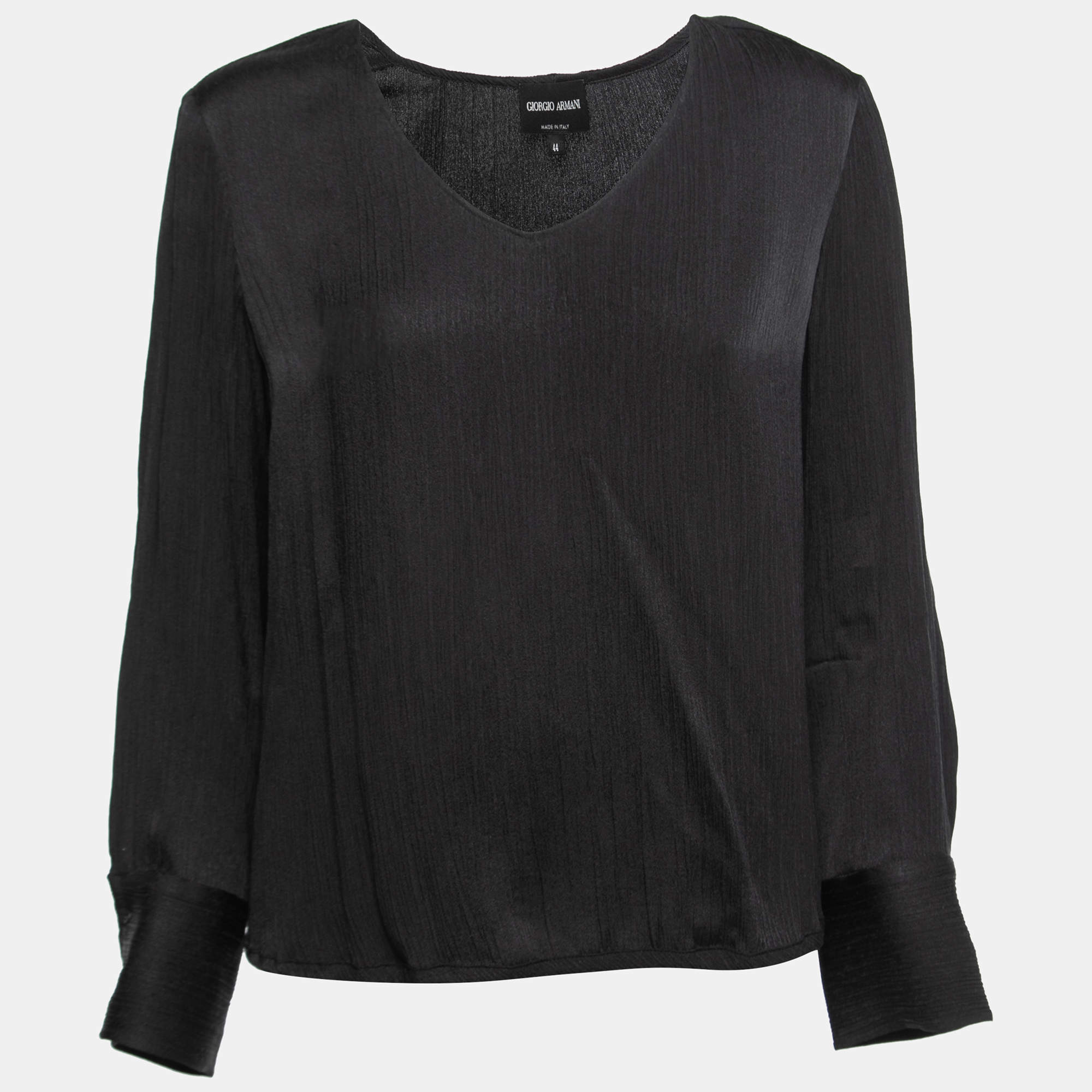 Giorgio Armani Black Crepe V Neck Long Sleeve Top M