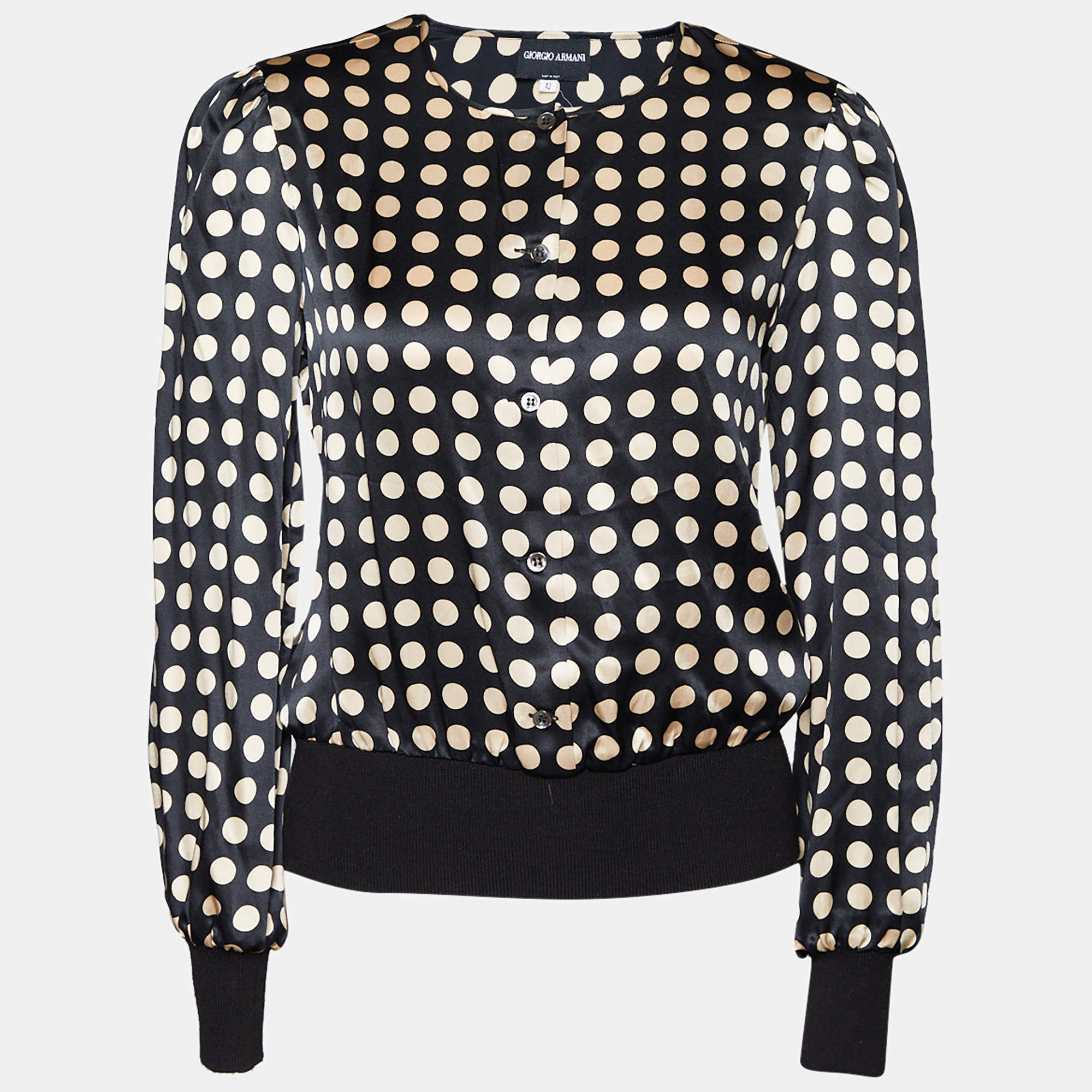 Pre Owned Giorgio Armani Black Polka Dot Silk Satin Button Front Top S
