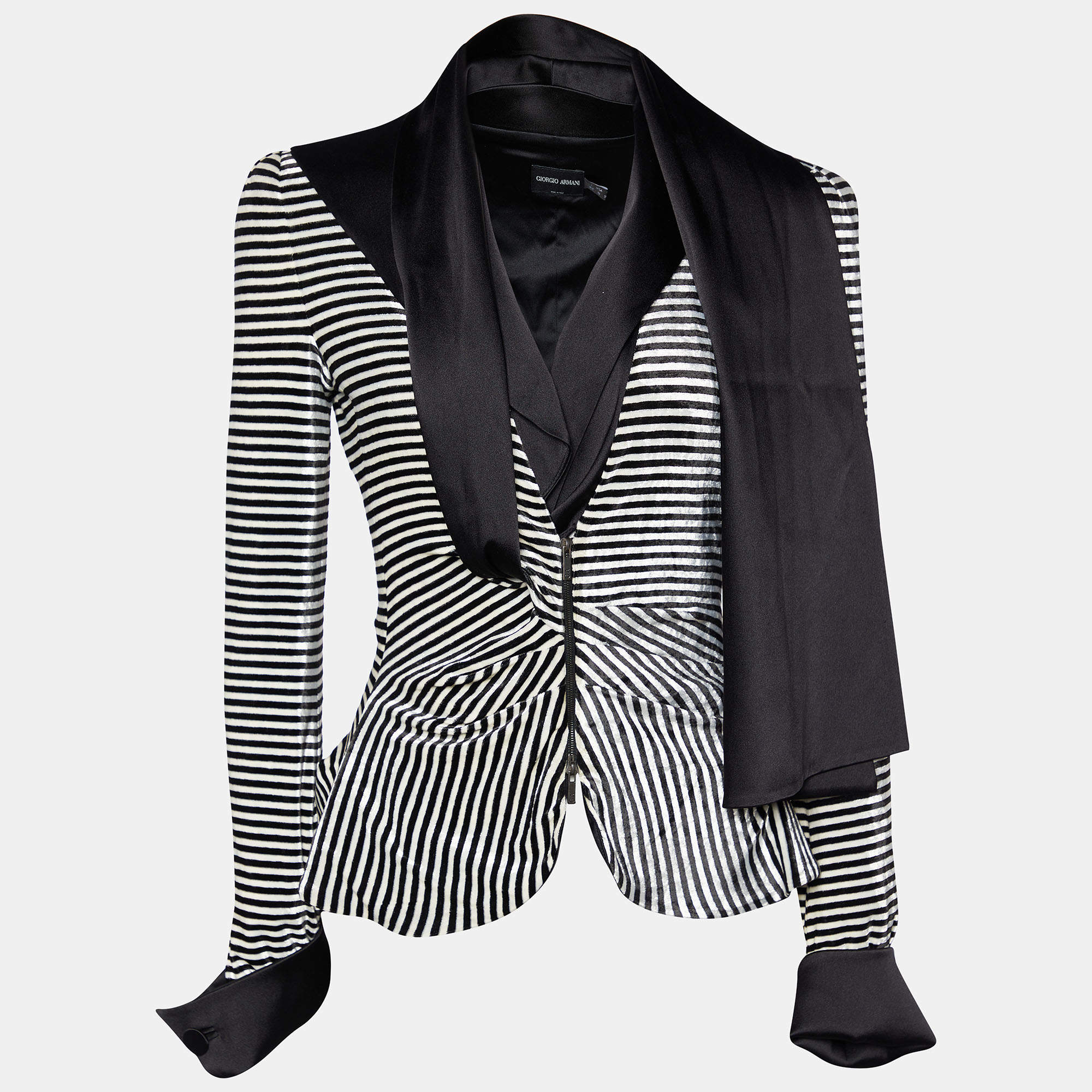 Pre Owned Giorgio Armani Monochrome Striped Velvet Draped Collar Jacket M