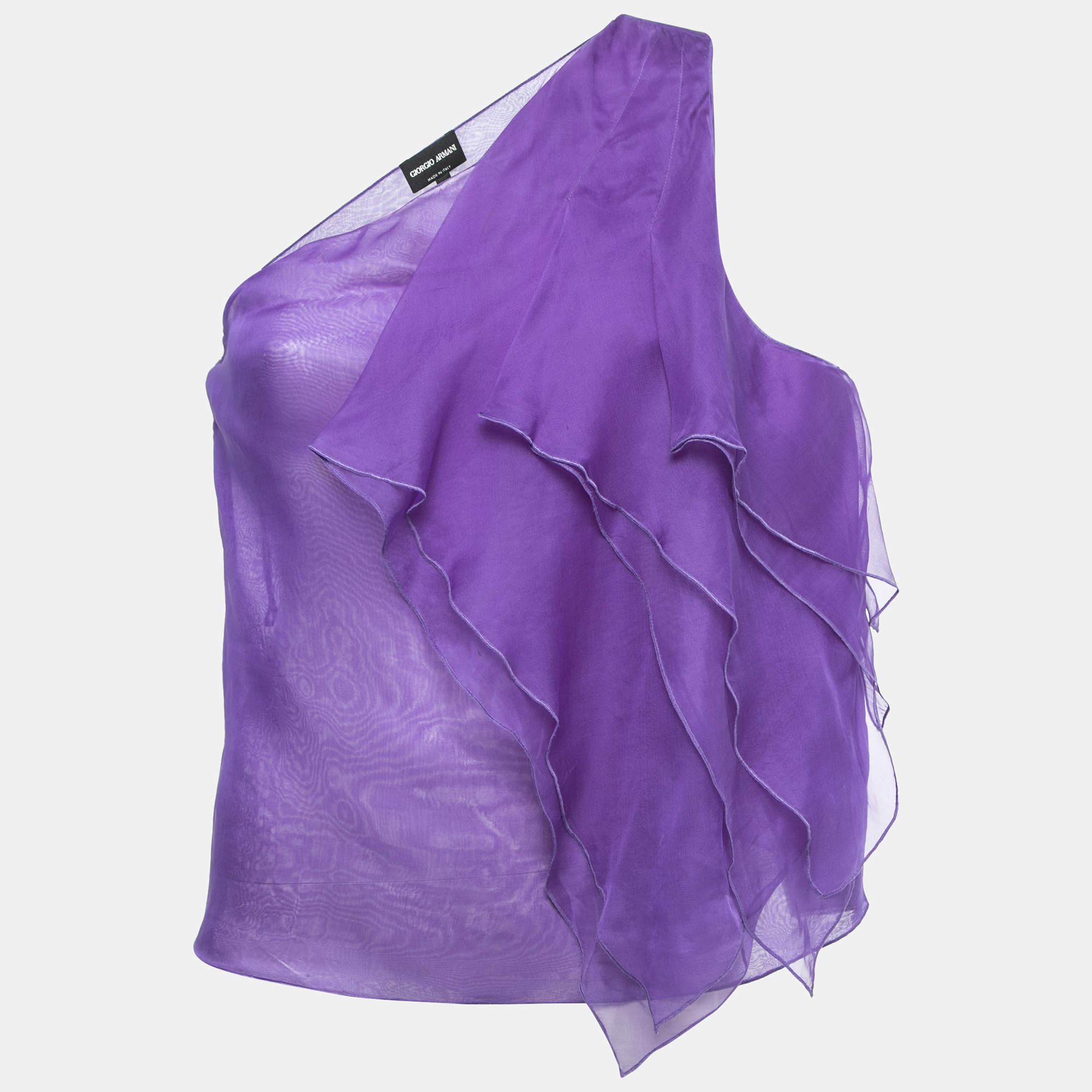 Pre Owned Giorgio Armani Purple Organza Ruffled One Shoulder Top L