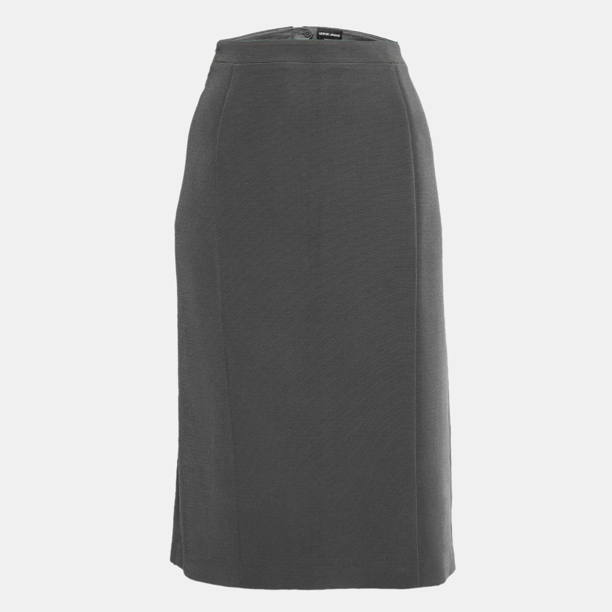 Pre Owned Giorgio Armani Grey Ribbed Knit Knee Length Skirt L