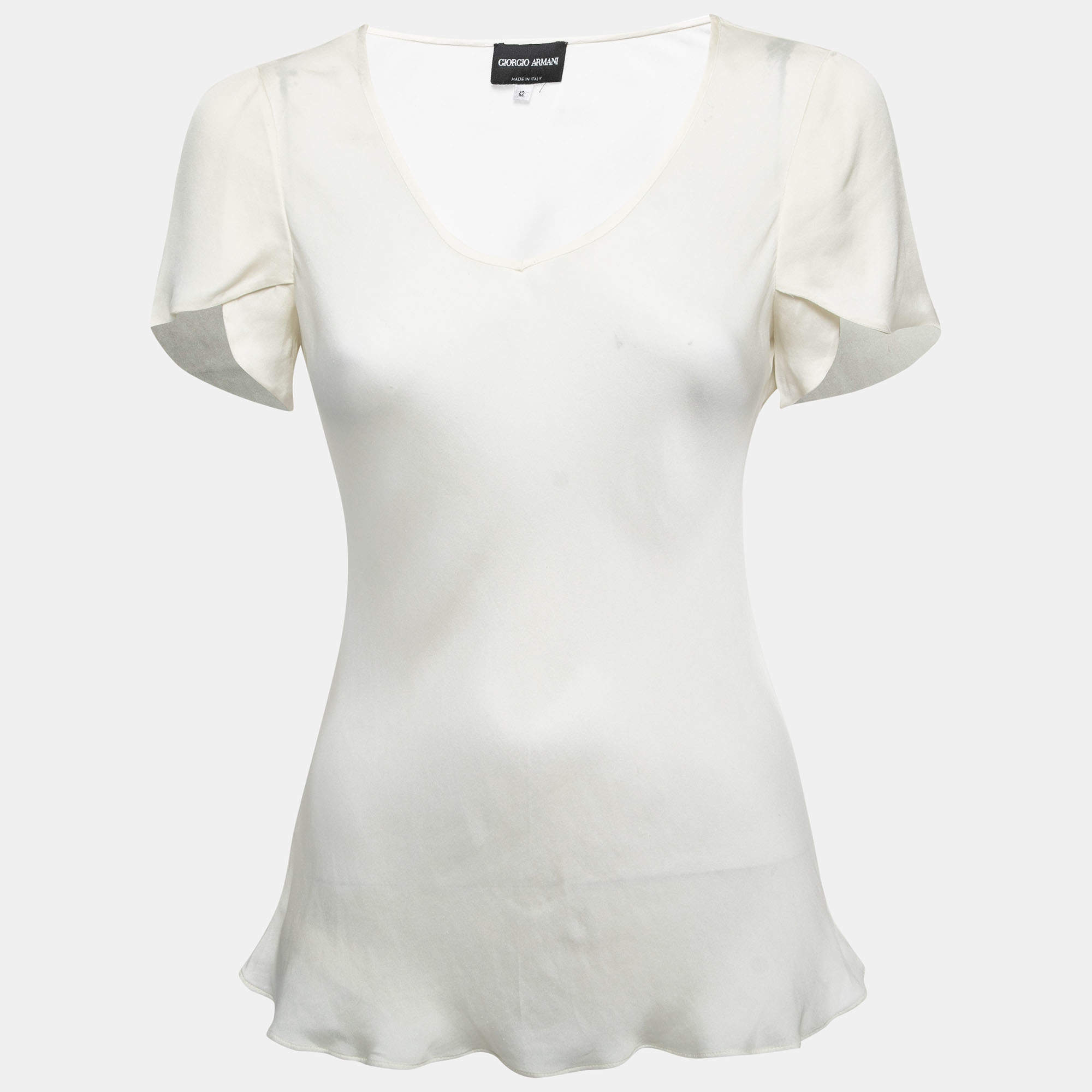 Pre Owned Giorgio Armani White Silk Satin Sleeve Top M