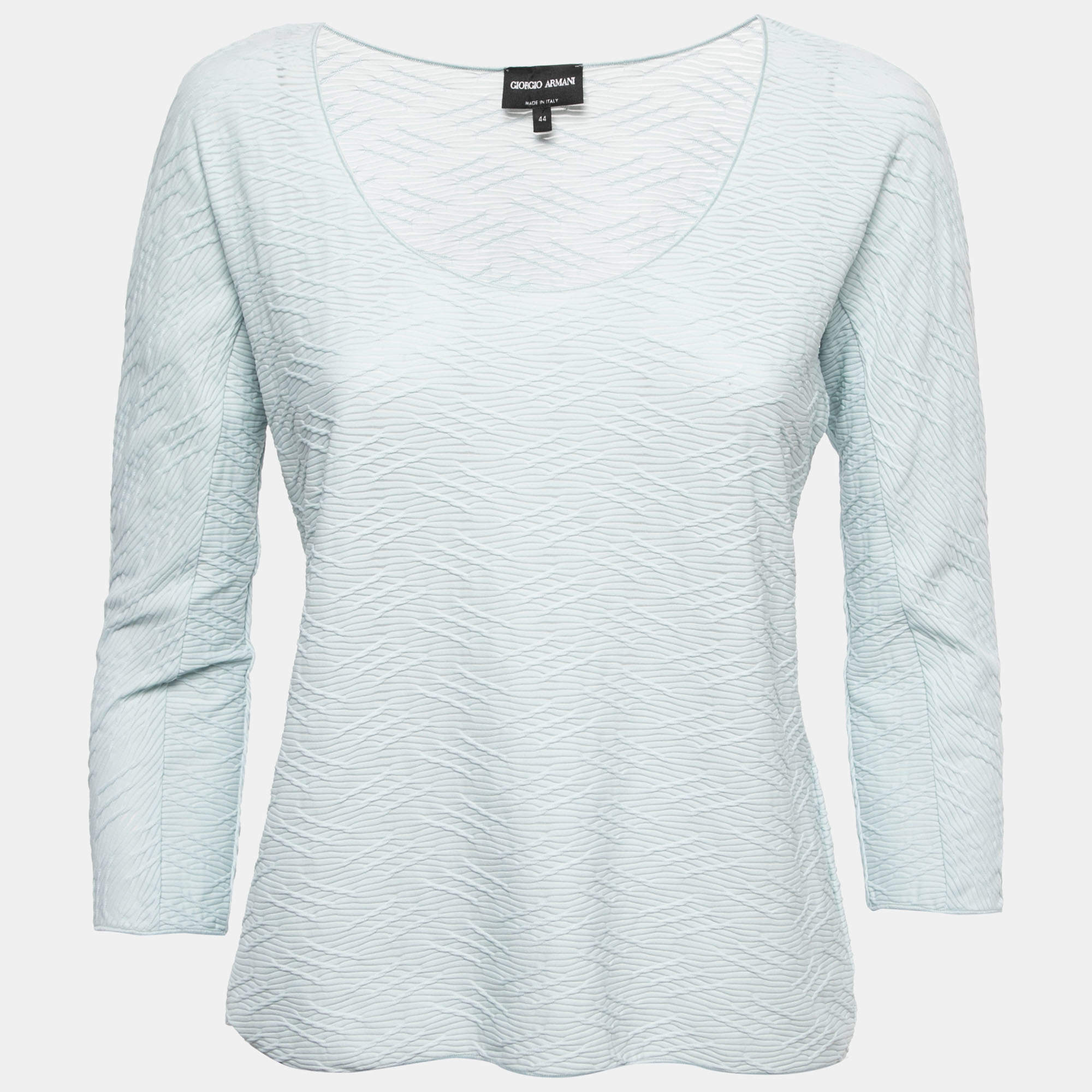 Pre Owned Giorgio Armani Light Blue Patterned Knit Long Sleeve T-Shirt M
