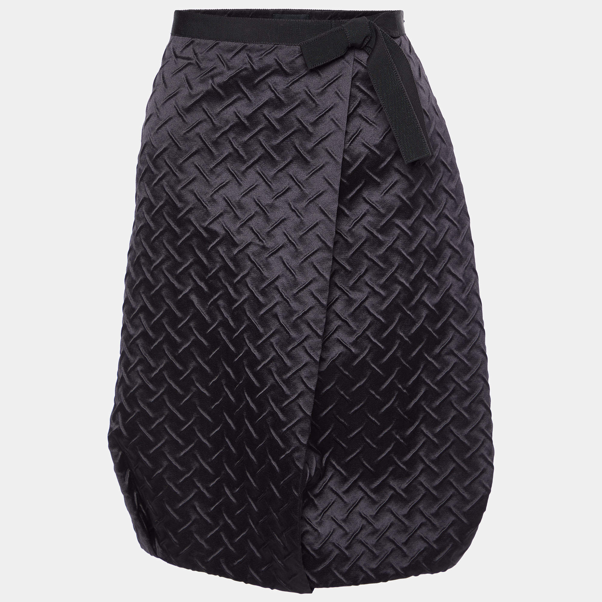 Pre Owned Giorgio Armani Black Patterned Silk Blend Bow Detail Pencil Skirt L