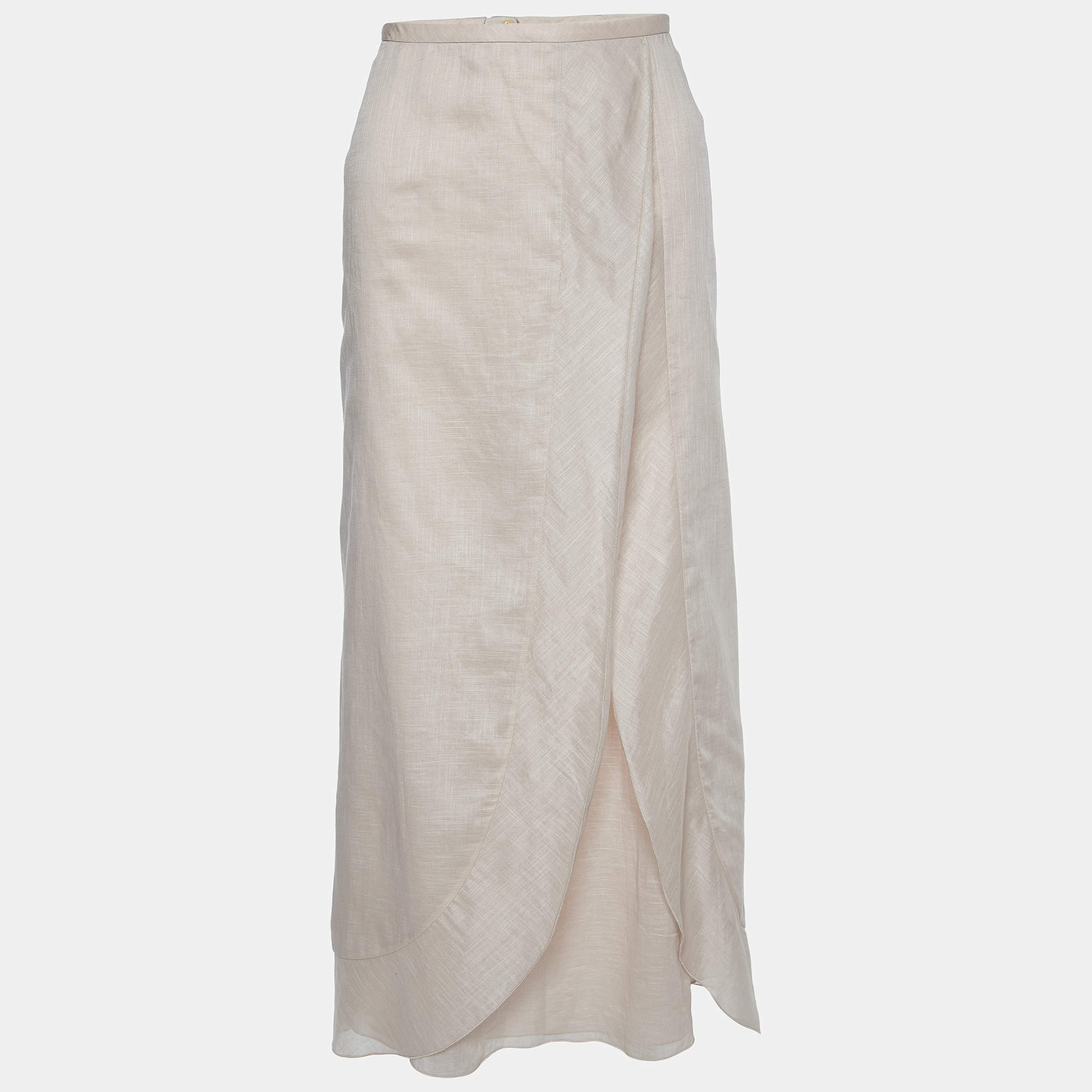 Pre Owned Giorgio Armani Light Pink Cotton & Linen Midi Skirt L
