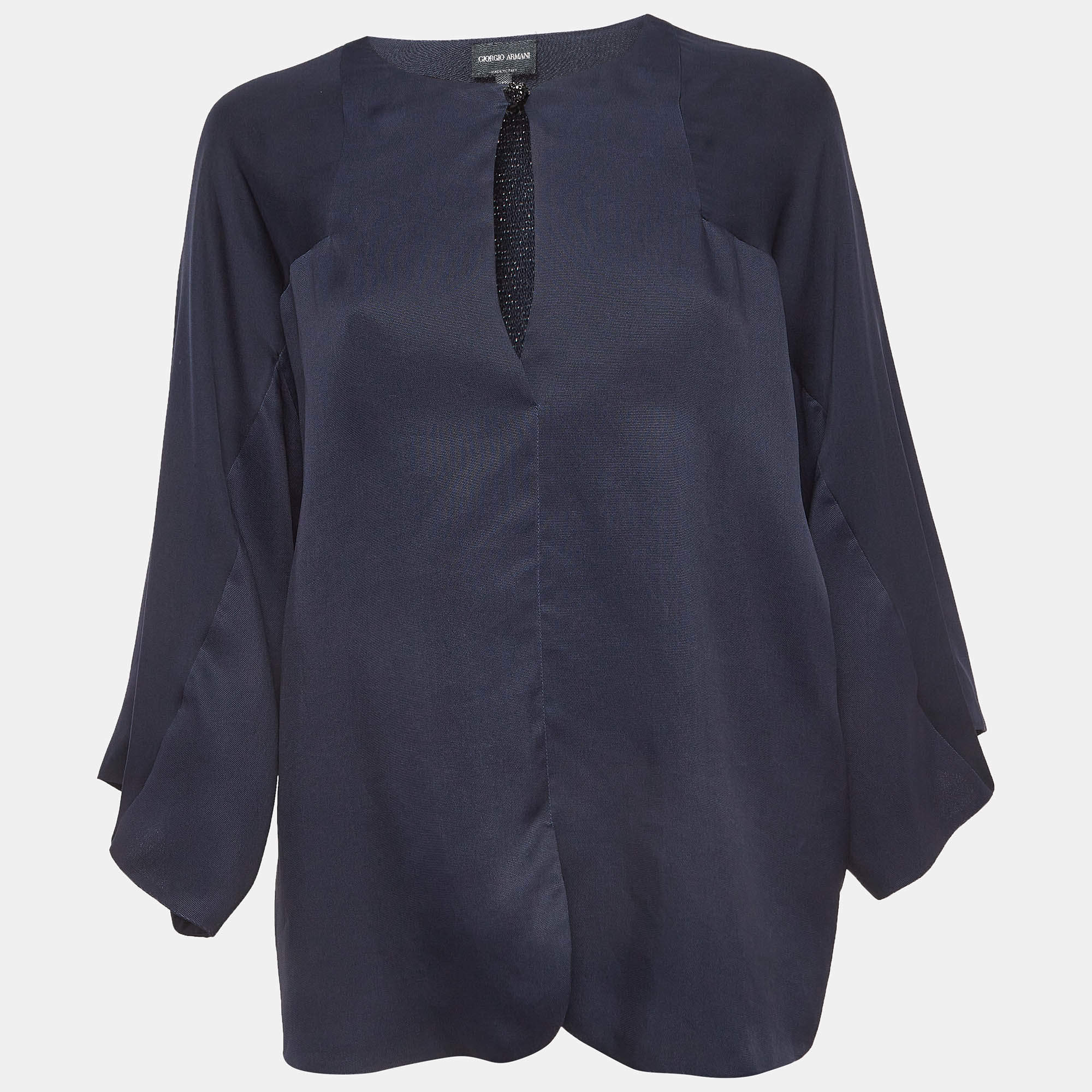 Pre Owned Giorgio Armani Navy Blue Silk Kimono Sleeve Blouse M