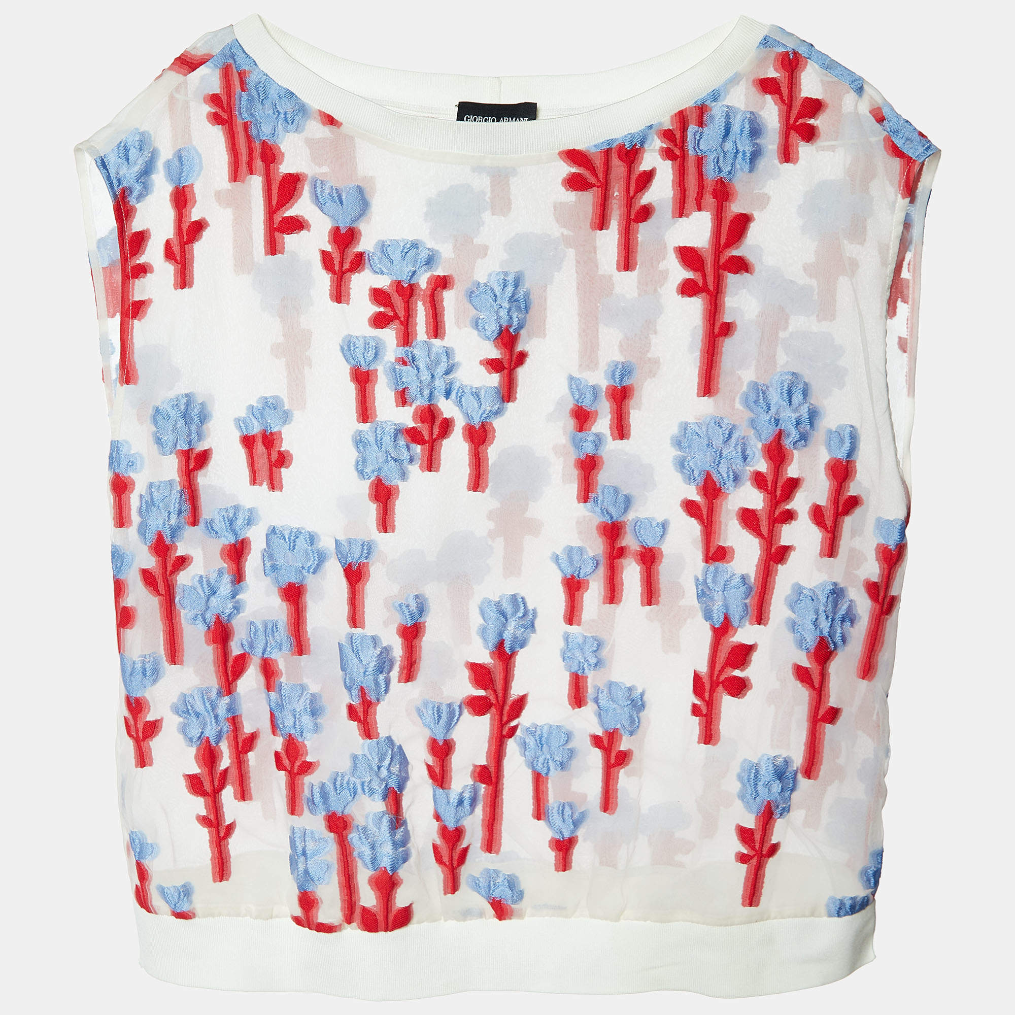 Giorgio Armani White Floral Jacquard Organza Sleeveless Blouse S