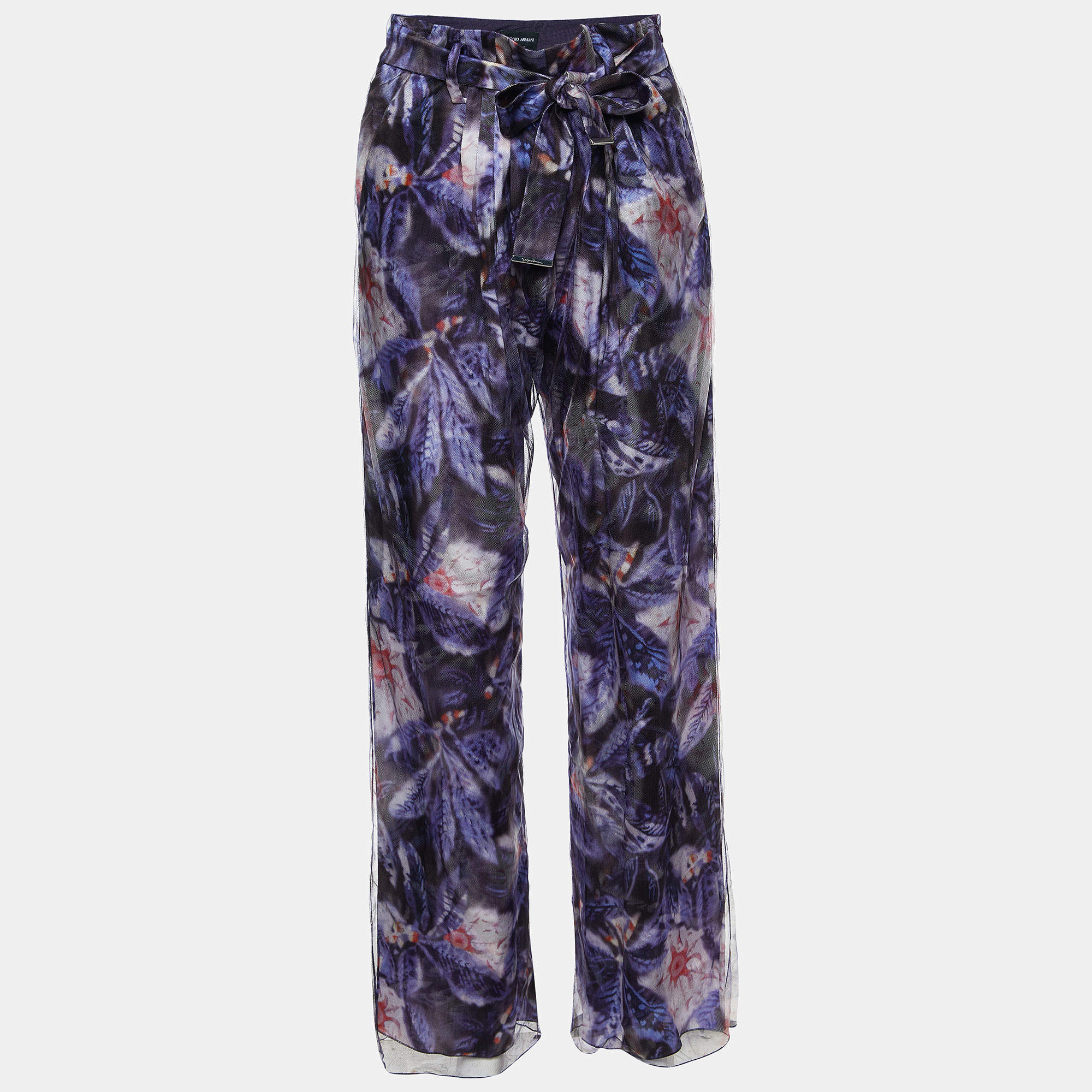Pre Owned Giorgio Armani Purple Floral Print Mesh Overlay Trousers S