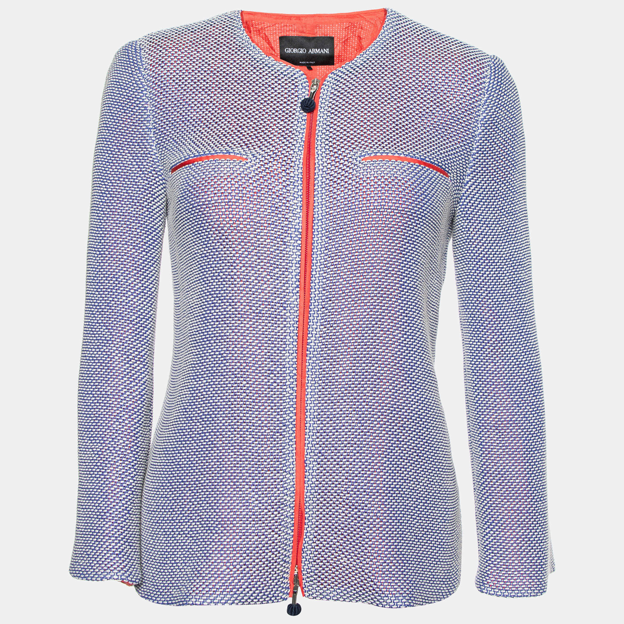 Giorgio Armani Blue/White Textured Cotton Zip Up Jacket M