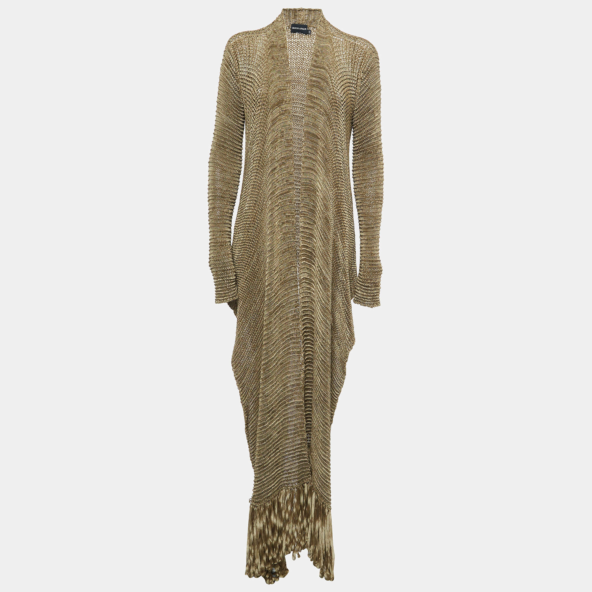 Giorgio Armani Beige Silk Knit Open Front Fringed Cardigan M
