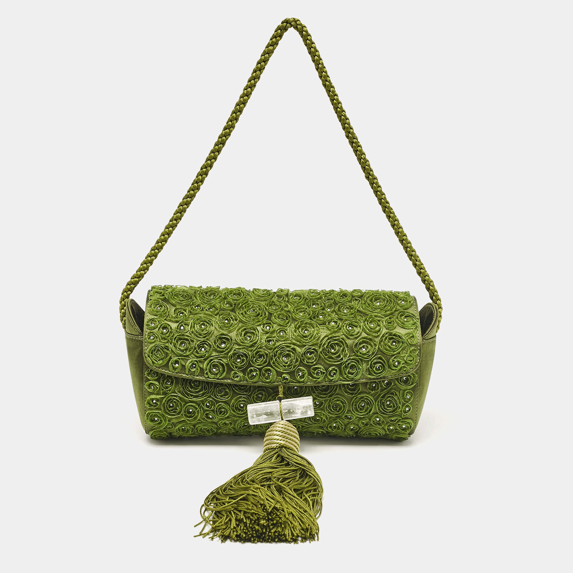 Pre Owned Giorgio Armani Olive Green Satin Floral Applique Tassel Bag