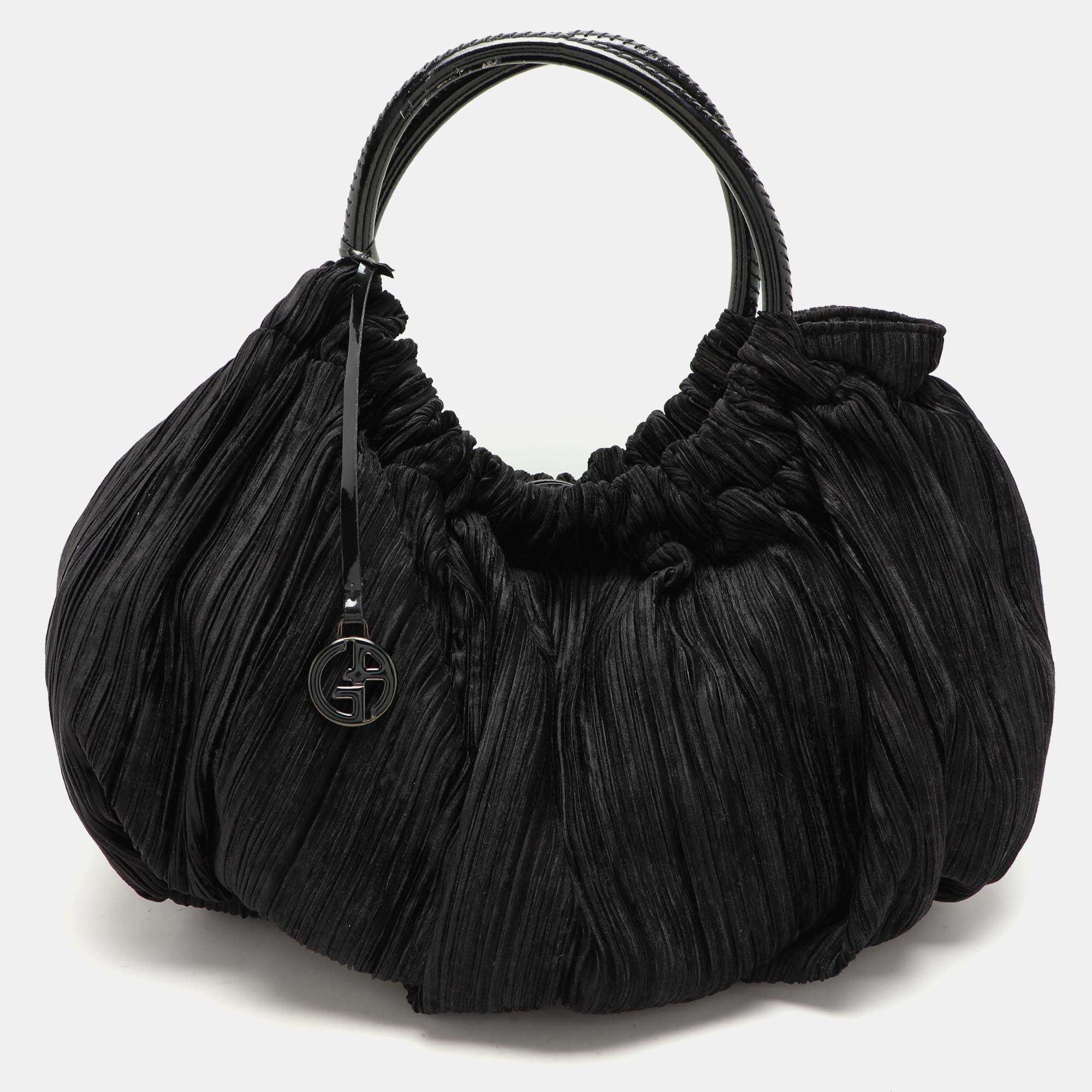 Giorgio Armani Black Jacquard Fabric Pleated Hobo