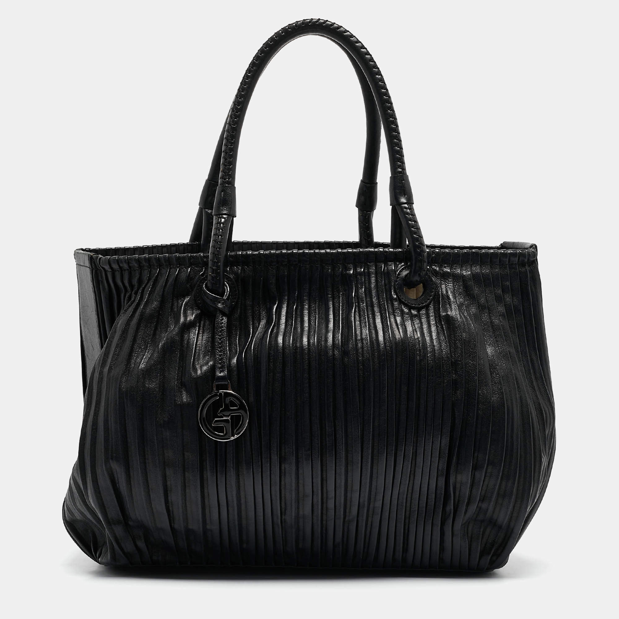 Giorgio Armani Black Pleated Leather Tote