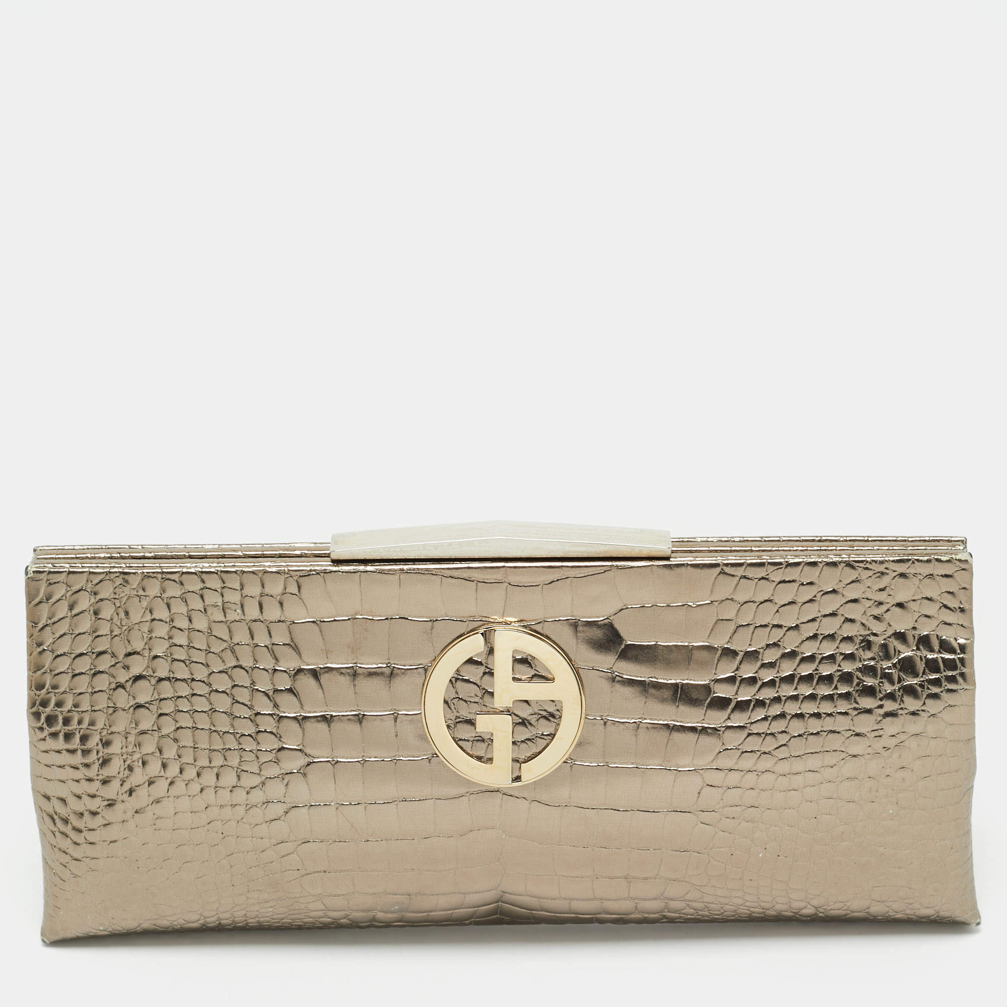 Pre Owned Giorgio Armani Gold Croc Embossed Patent Leather Frame Clutch