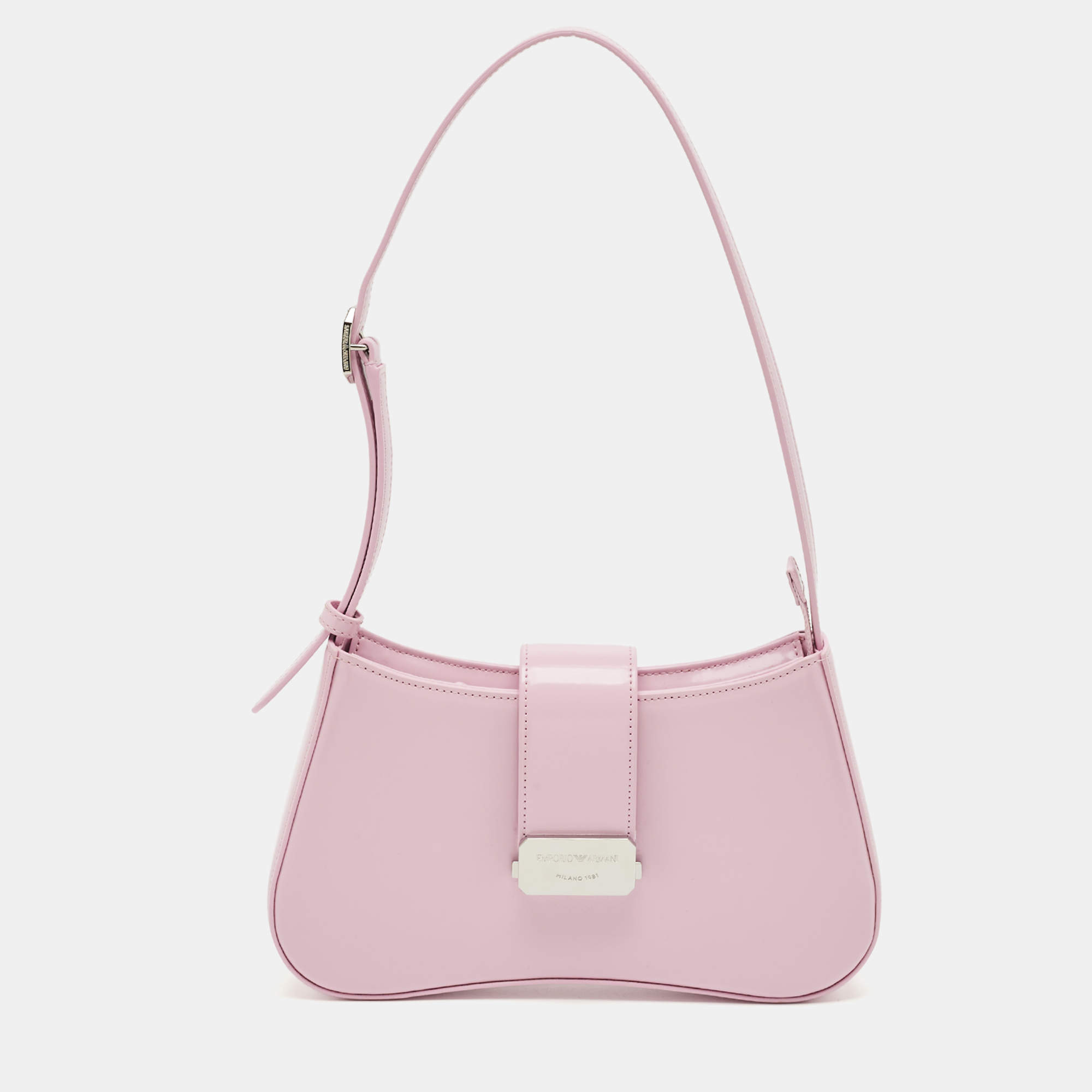 Pre Owned Giorgio Armani Pink Patent Leather Logo Flap Shoulder Bag