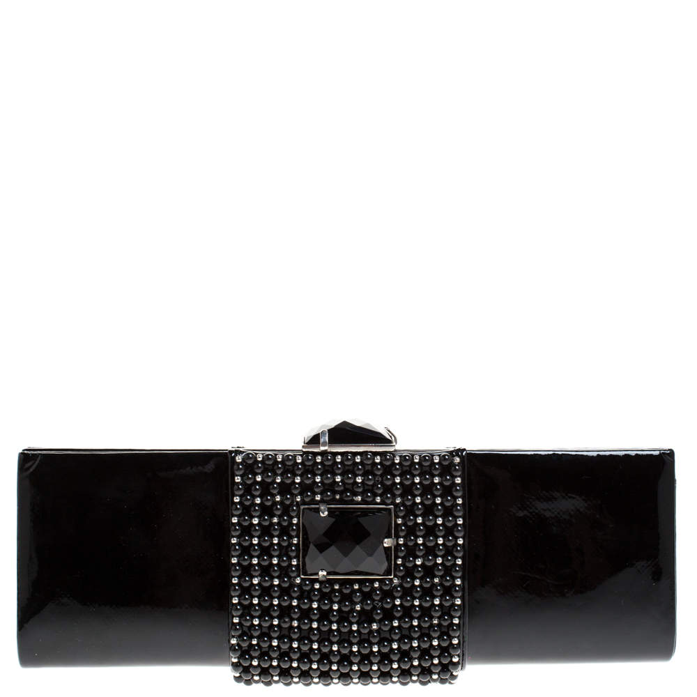 Pre Owned Giorgio Armani Black Beaded Embellished Patent Leather Clutch