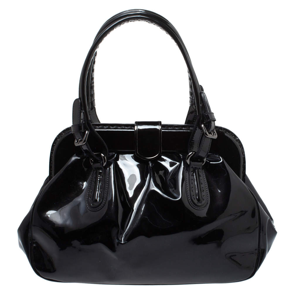 Pre Owned Giorgio Armani Black Patent Leather Frame Satchel