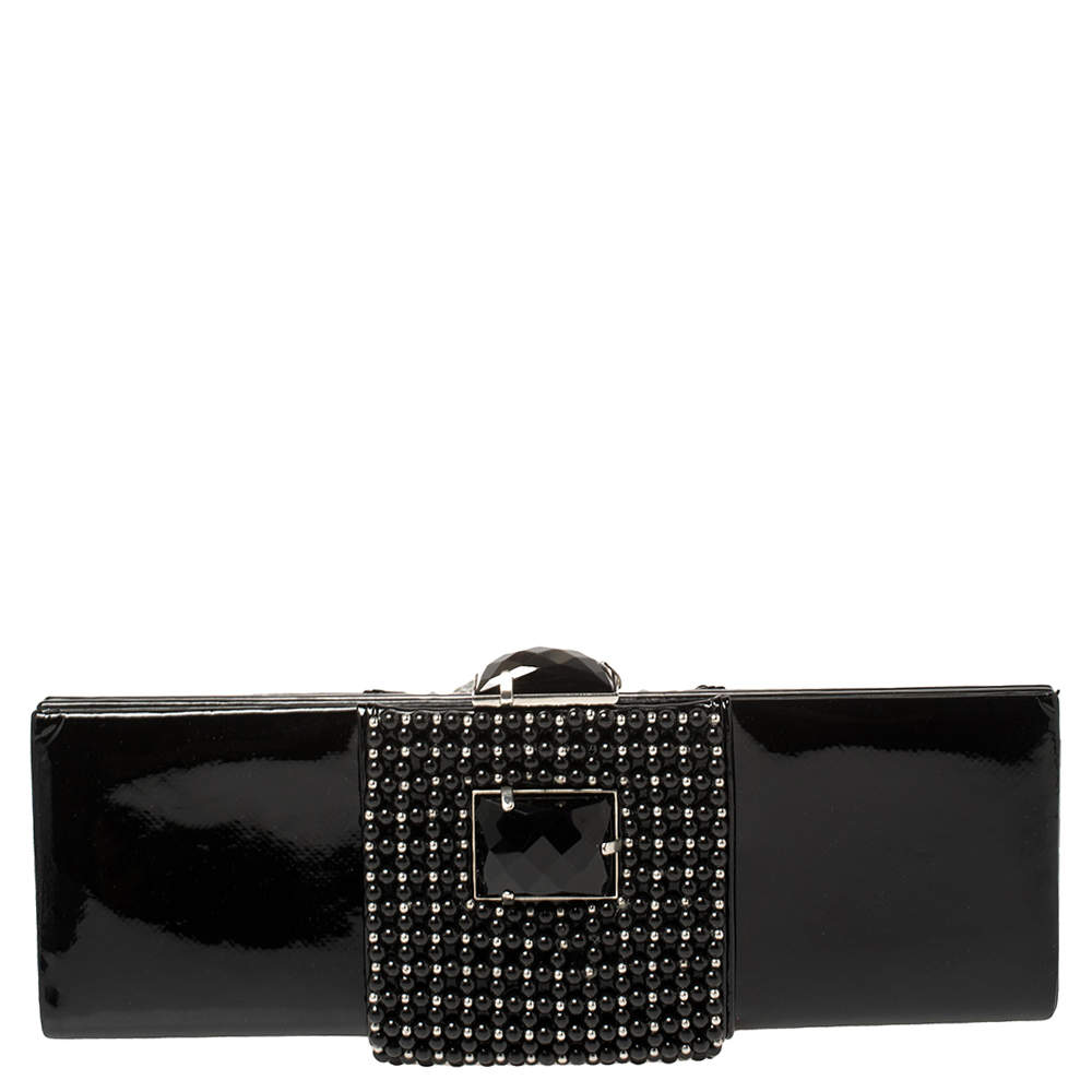 Pre Owned Giorgio Armani Black Beaded Embellished Patent Leather Clutch