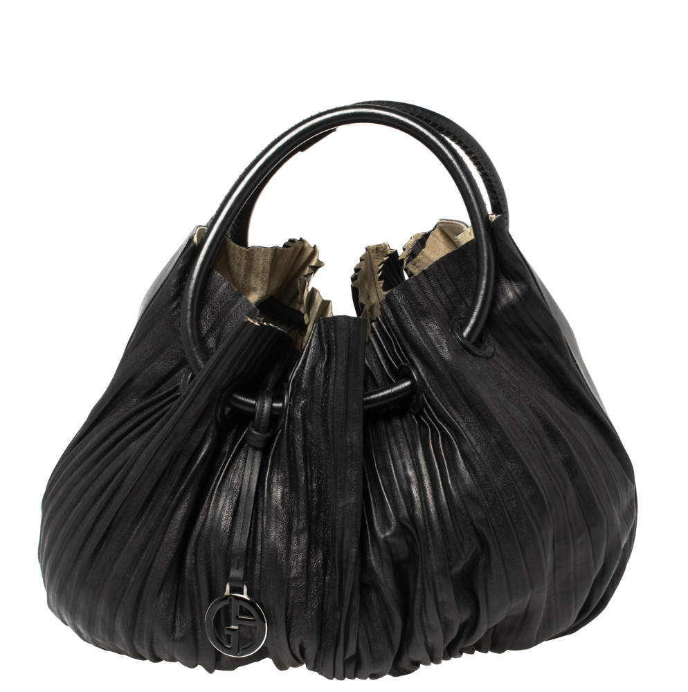 Pre Owned Giorgio Armani Black Leather Pleated Hobo