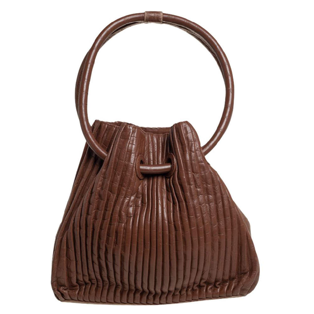 Pre Owned Giorgio Armani Brown Pleated Leather Ring Handle Tote