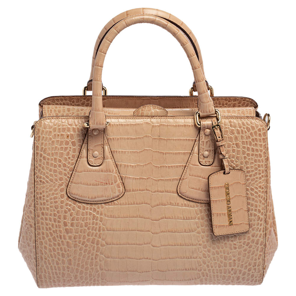 Pre Owned Emporio Armani Beige Croc Embossed Leather Tote