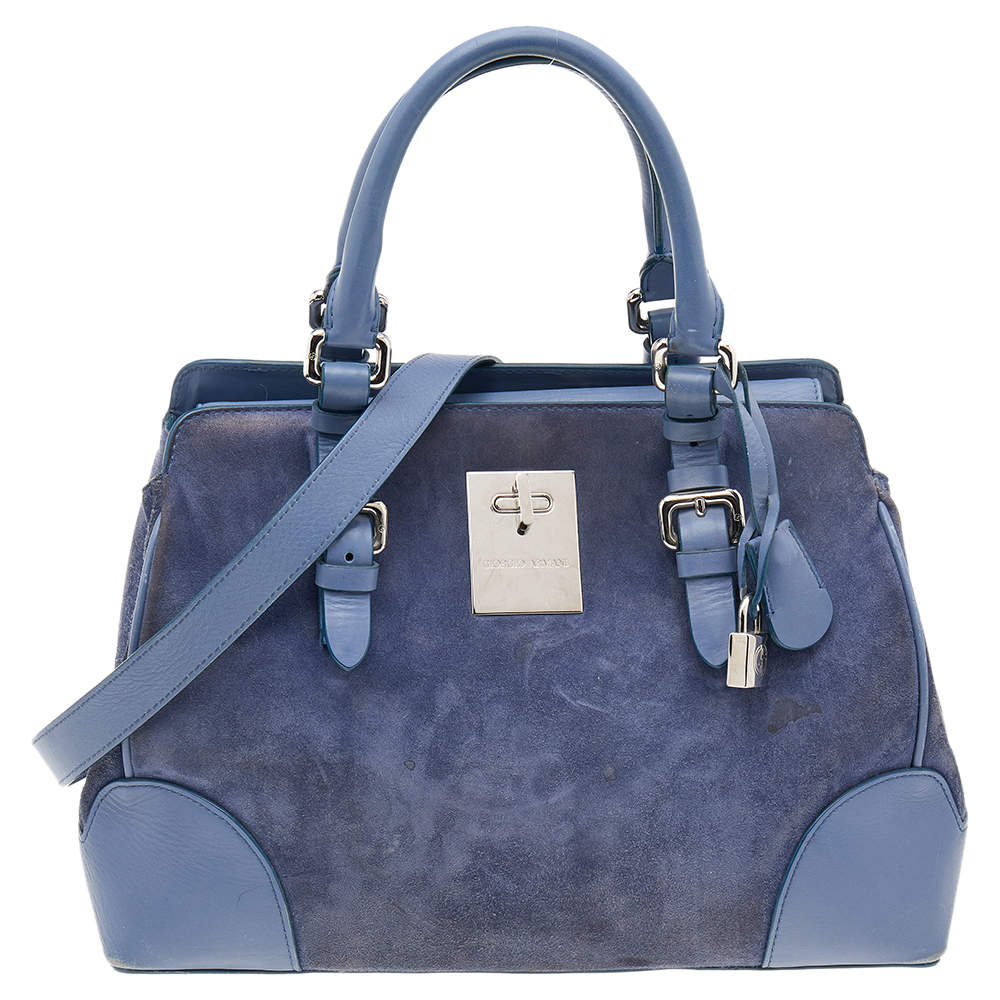 Pre Owned Giorgio Armani Ash Blue Suede and Leather Satchel