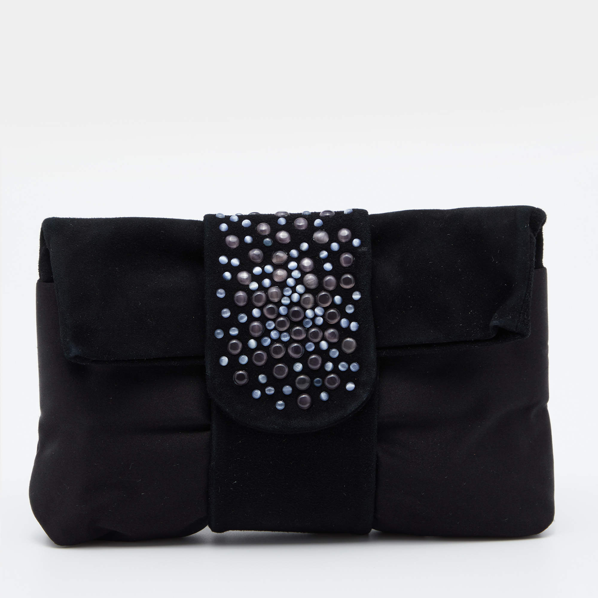 Pre Owned Giorgio Armani Black Satin and Suede Embellished Clutch