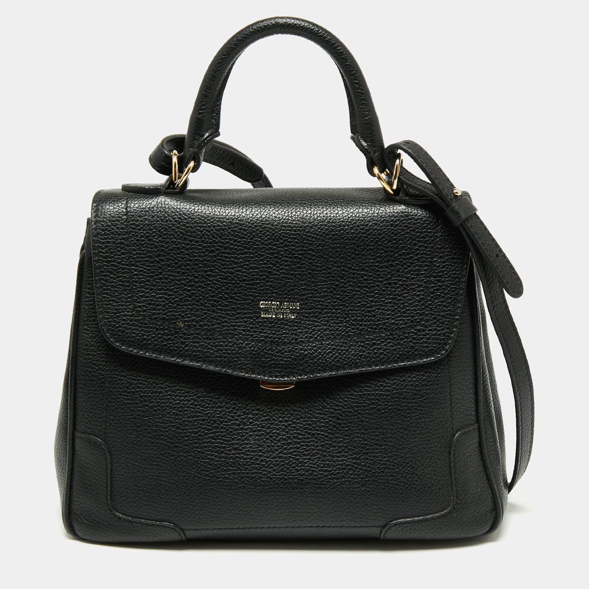 Giorgio Armani Black Leather Flap Top Handle Bag