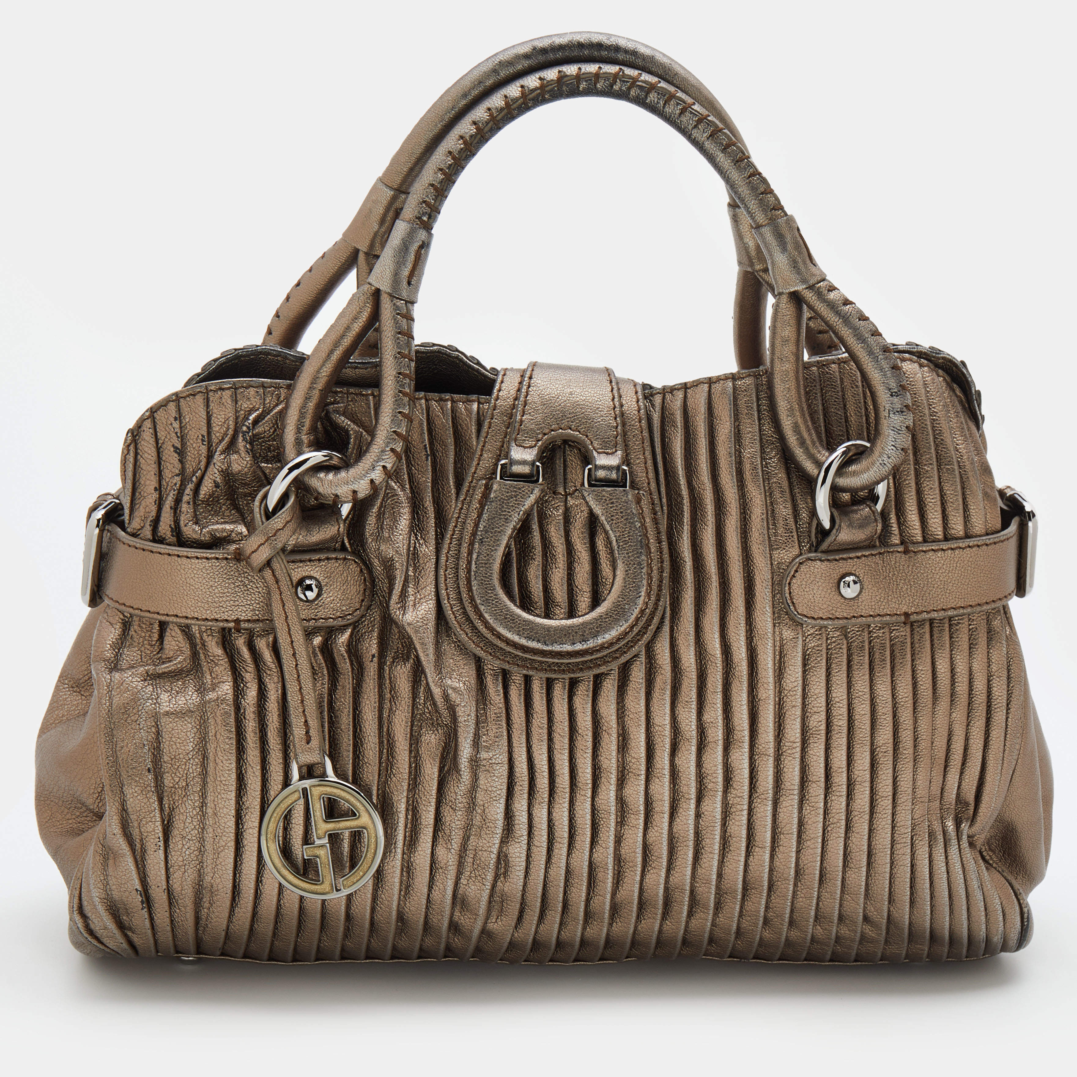 Pre Owned Giorgio Armani Metallic Silver Pleated Leather Satchel