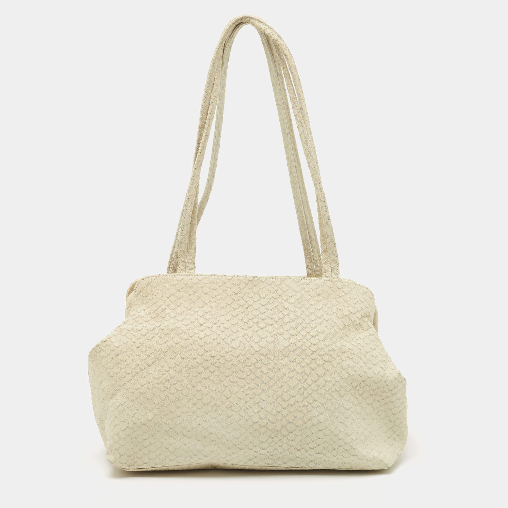 Giorgio Armani Cream Python Embossed Leather Kisslock Satchel