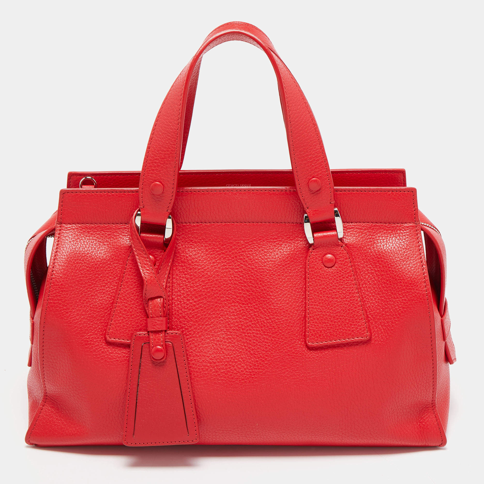Pre Owned Giorgio Armani Red Leather Zip Satchel
