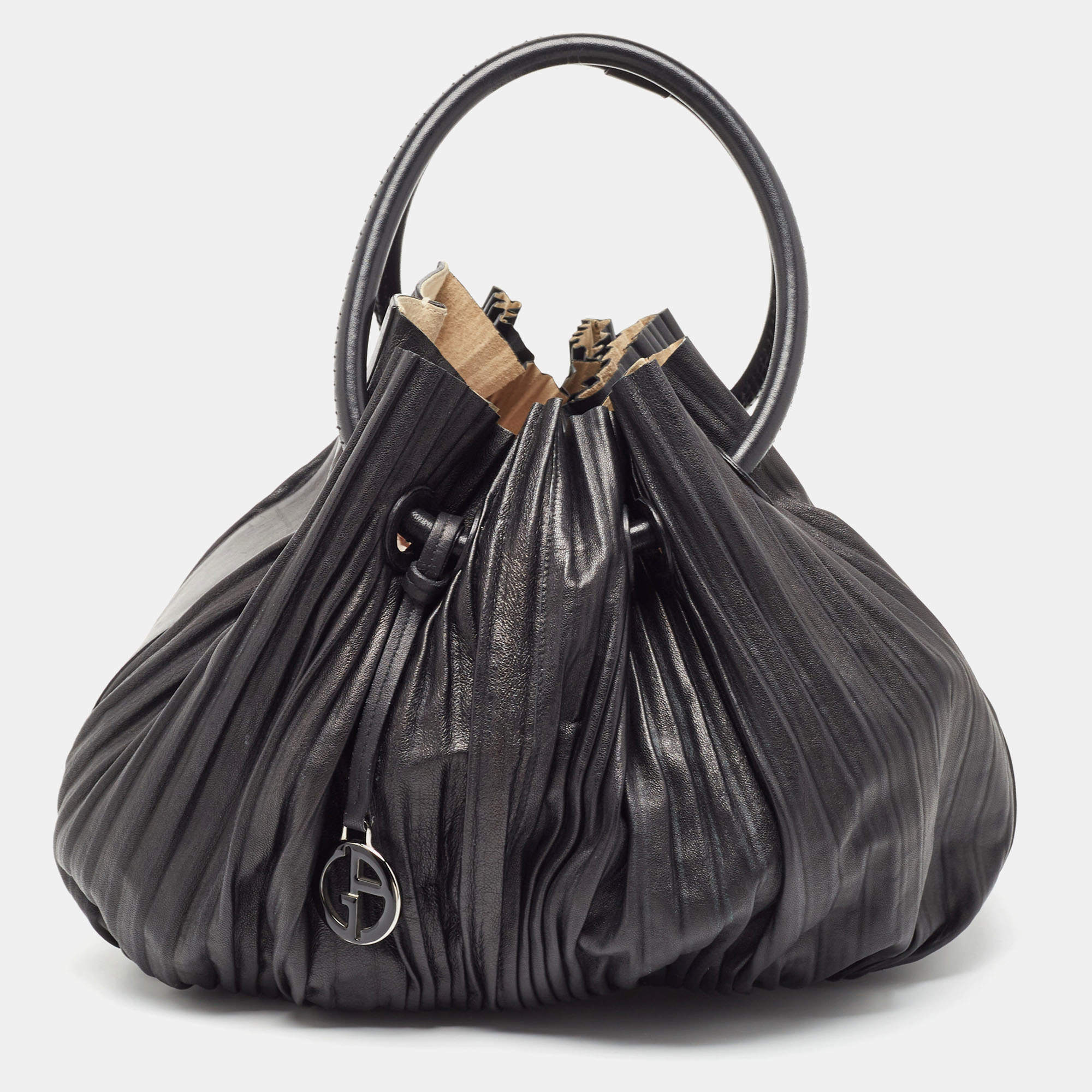 Pre Owned Giorgio Armani Black Leather Pleated Hobo